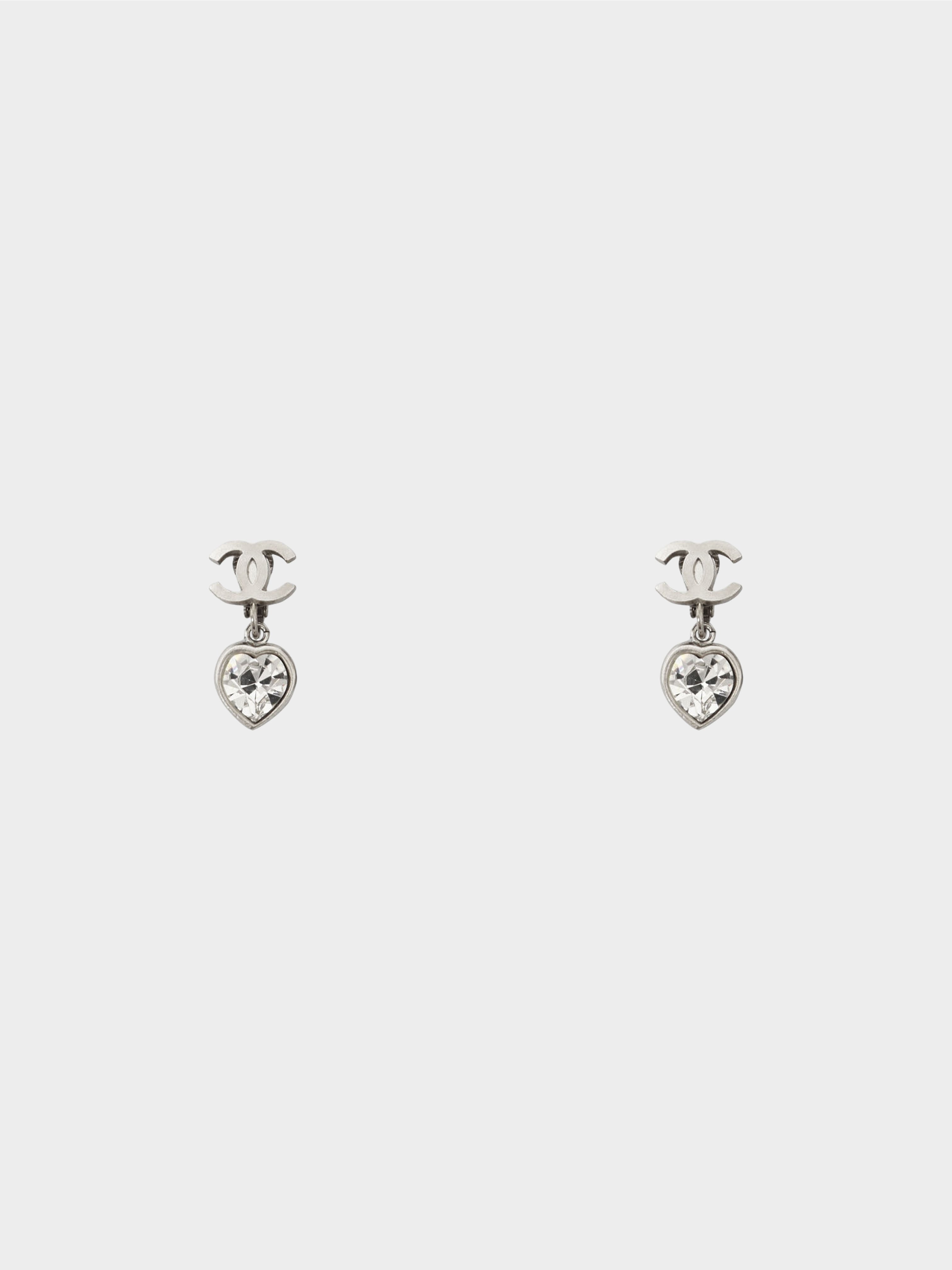 Chanel 2000s Silver CC Crystal Heart Drop Earrings