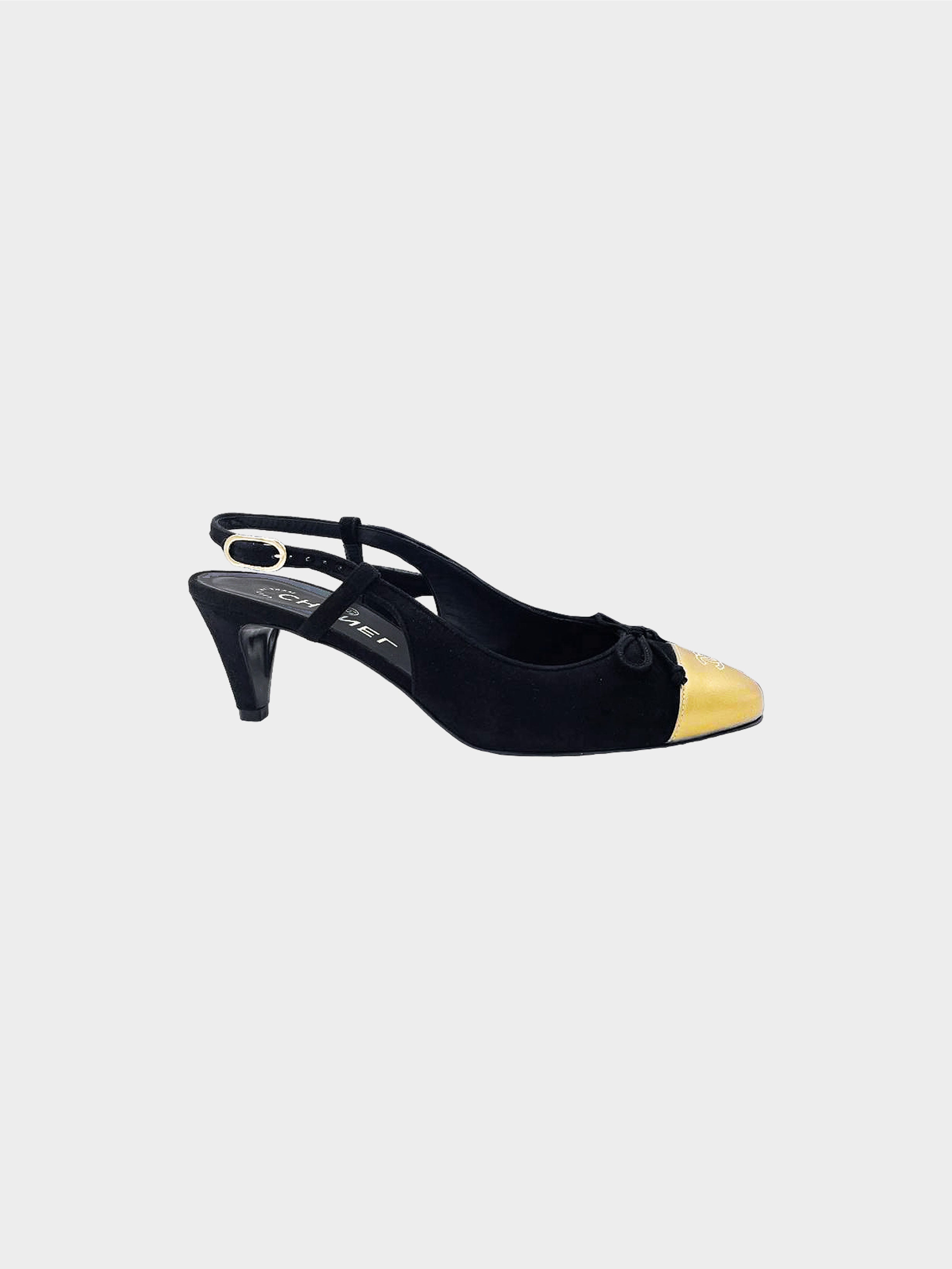 Chanel 2000s Black and Gold Two-toned Slingback Heels