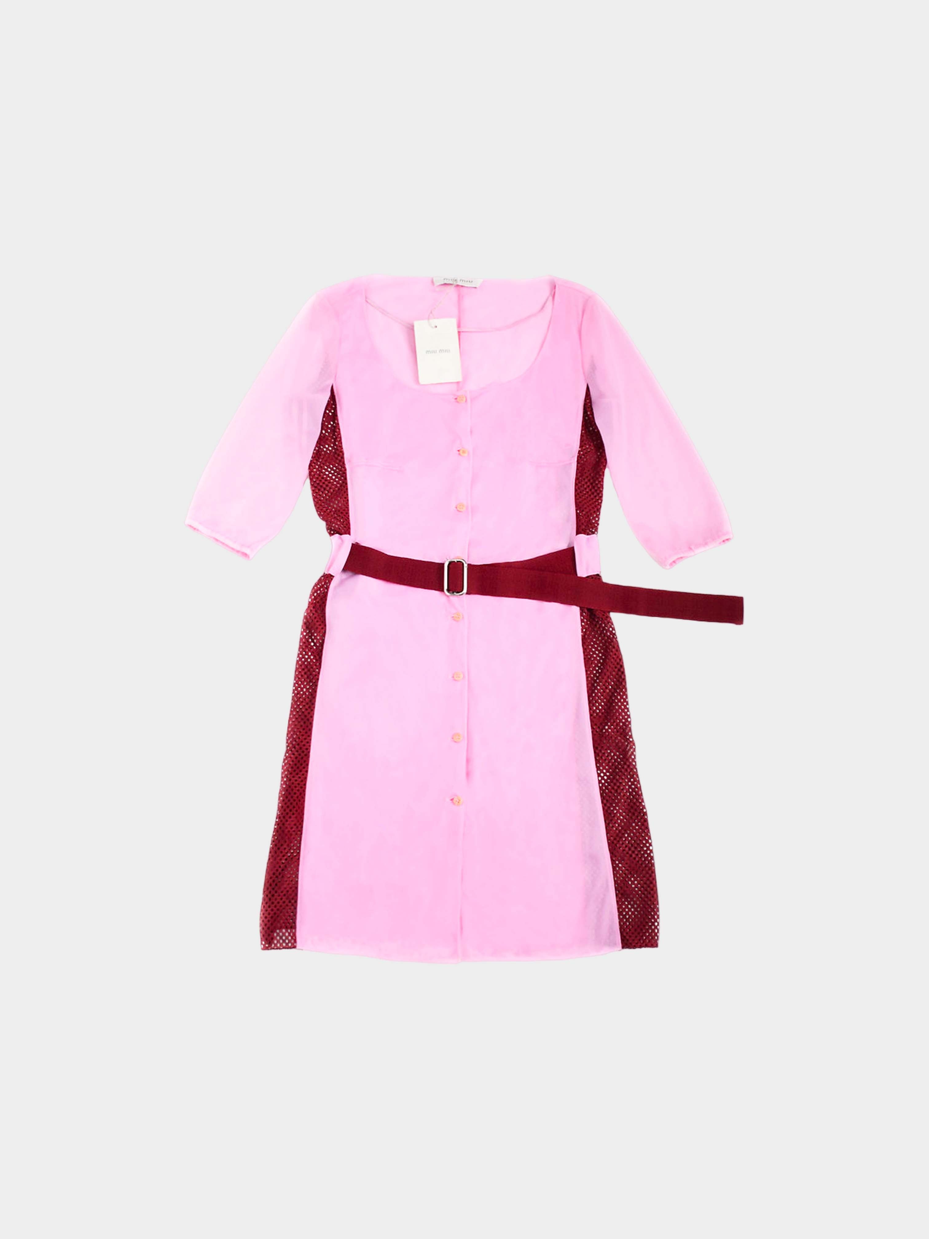 Miu Miu SS 2000 Pink and Maroon Perforated Belted Dress