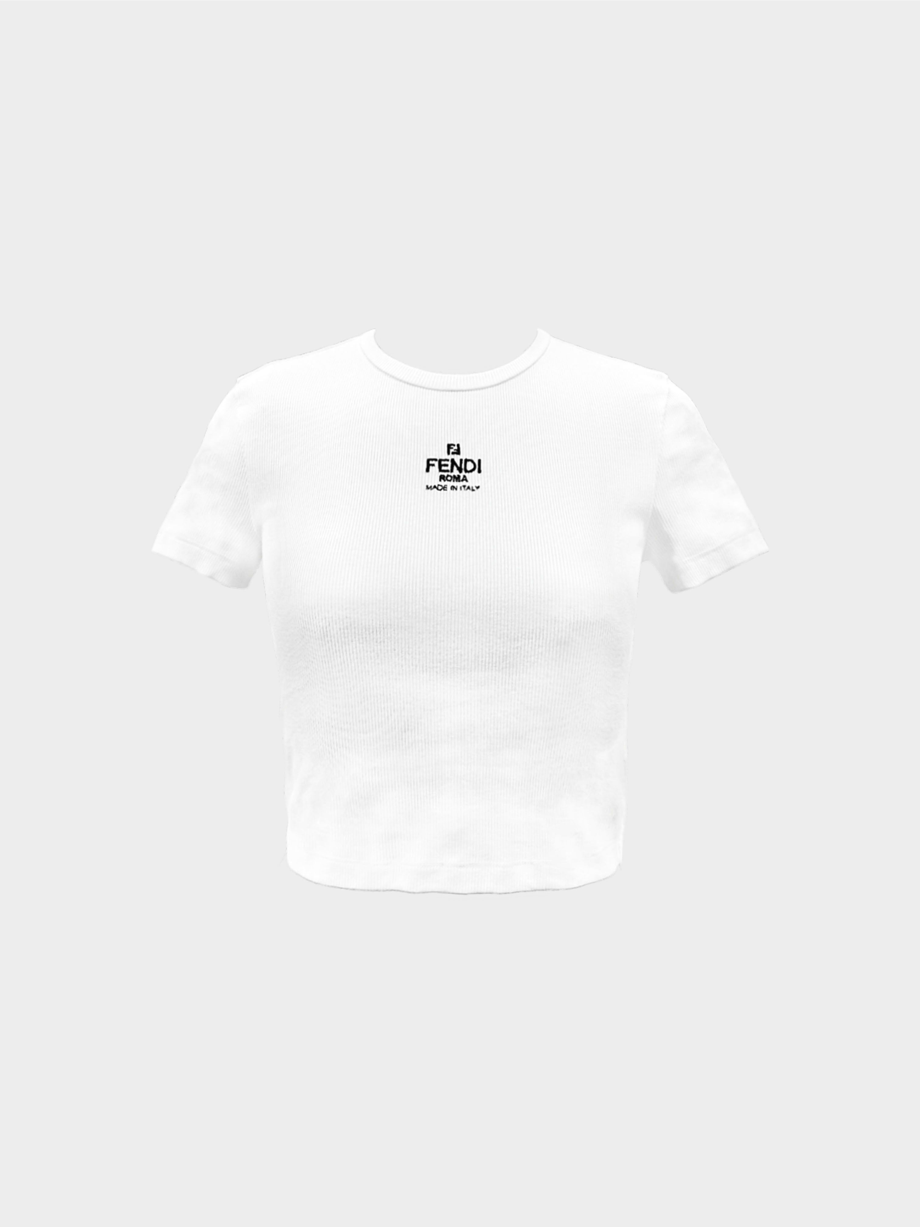 Fendi 2023 White Ribbed Cropped T-Shirt