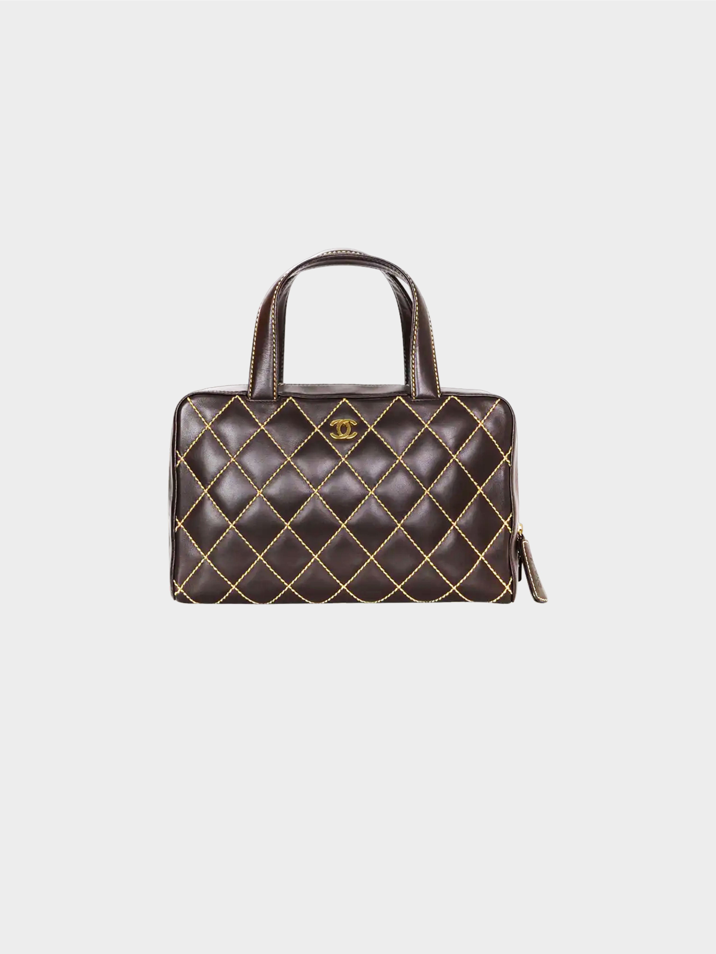 CHANEL Quilted Leather Surpique Bowler Bag Brown