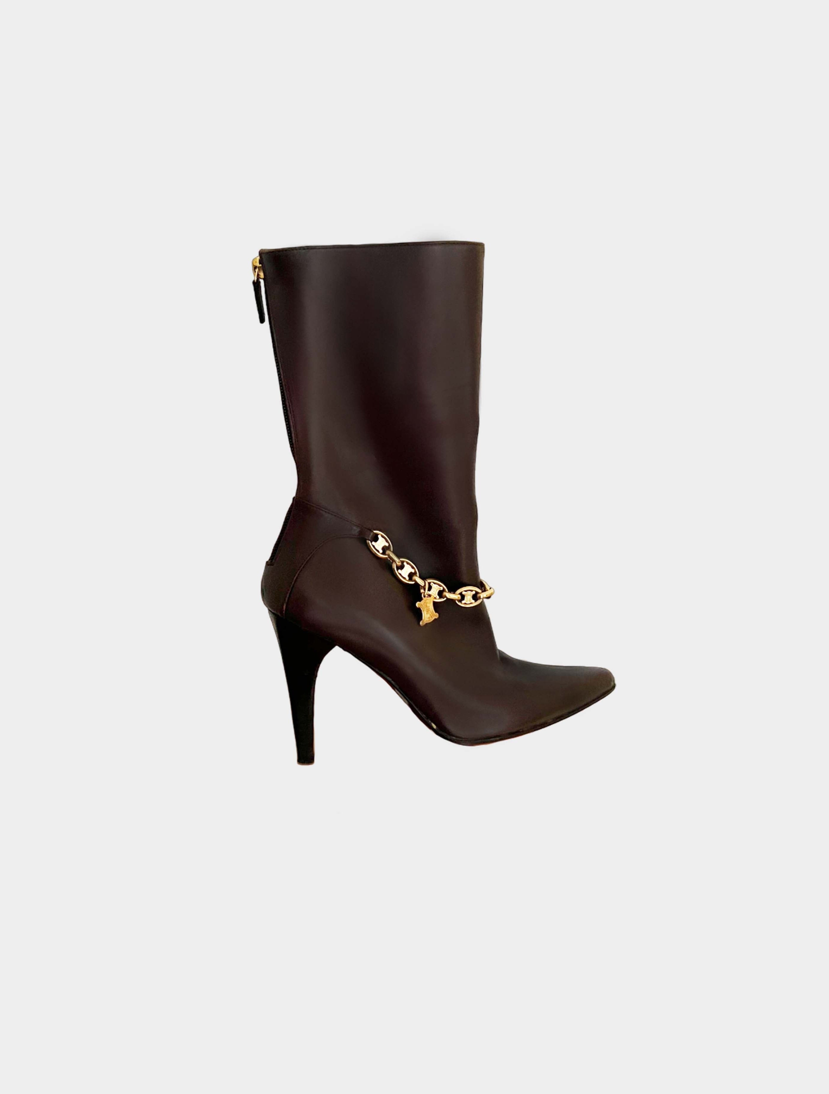 Celine Early 2000s Brown Triomphe Chain Detail Boots