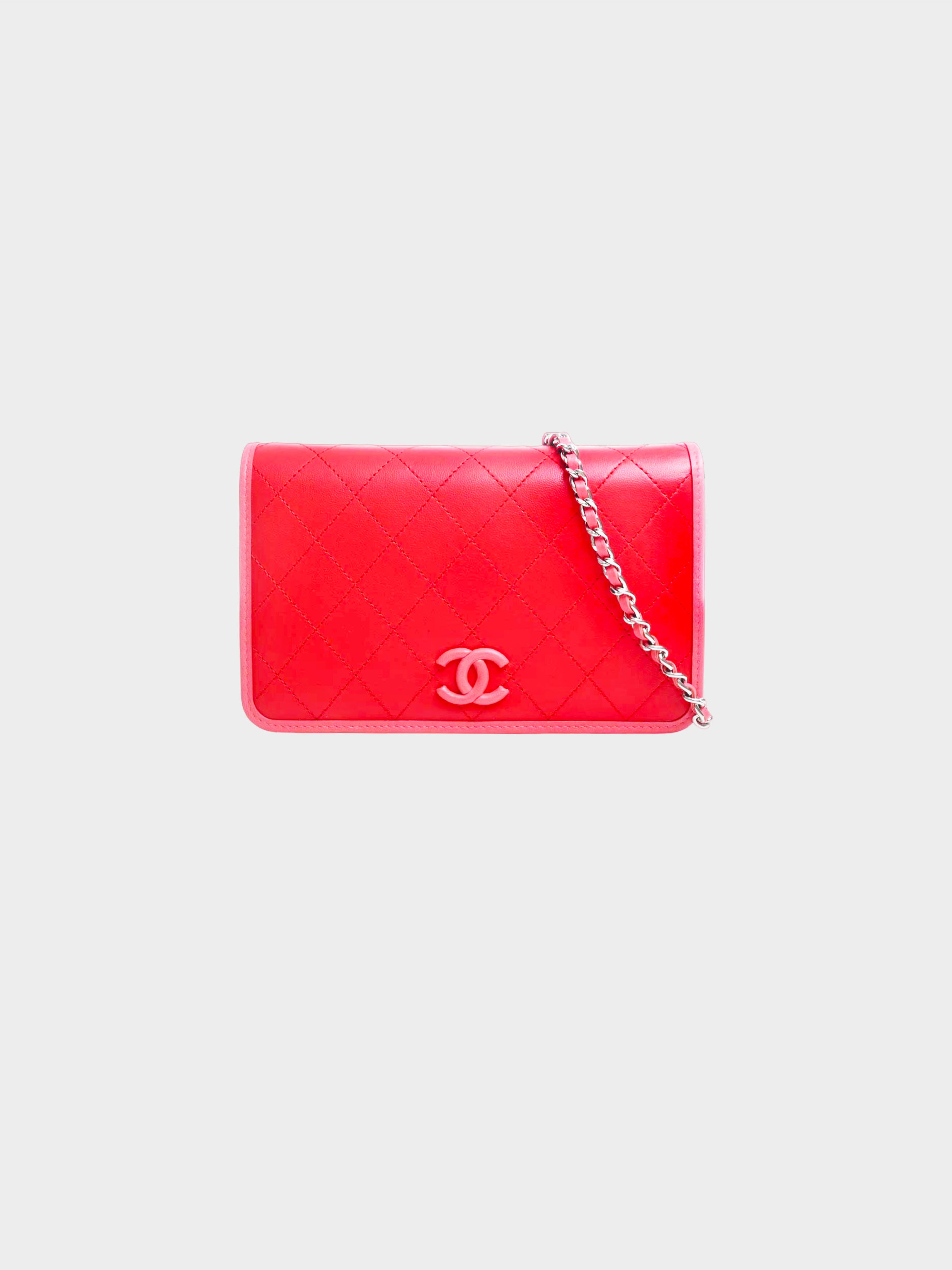 Chanel 2019 Red and Pink Caviar Leather Matelasse Wallet on Chain