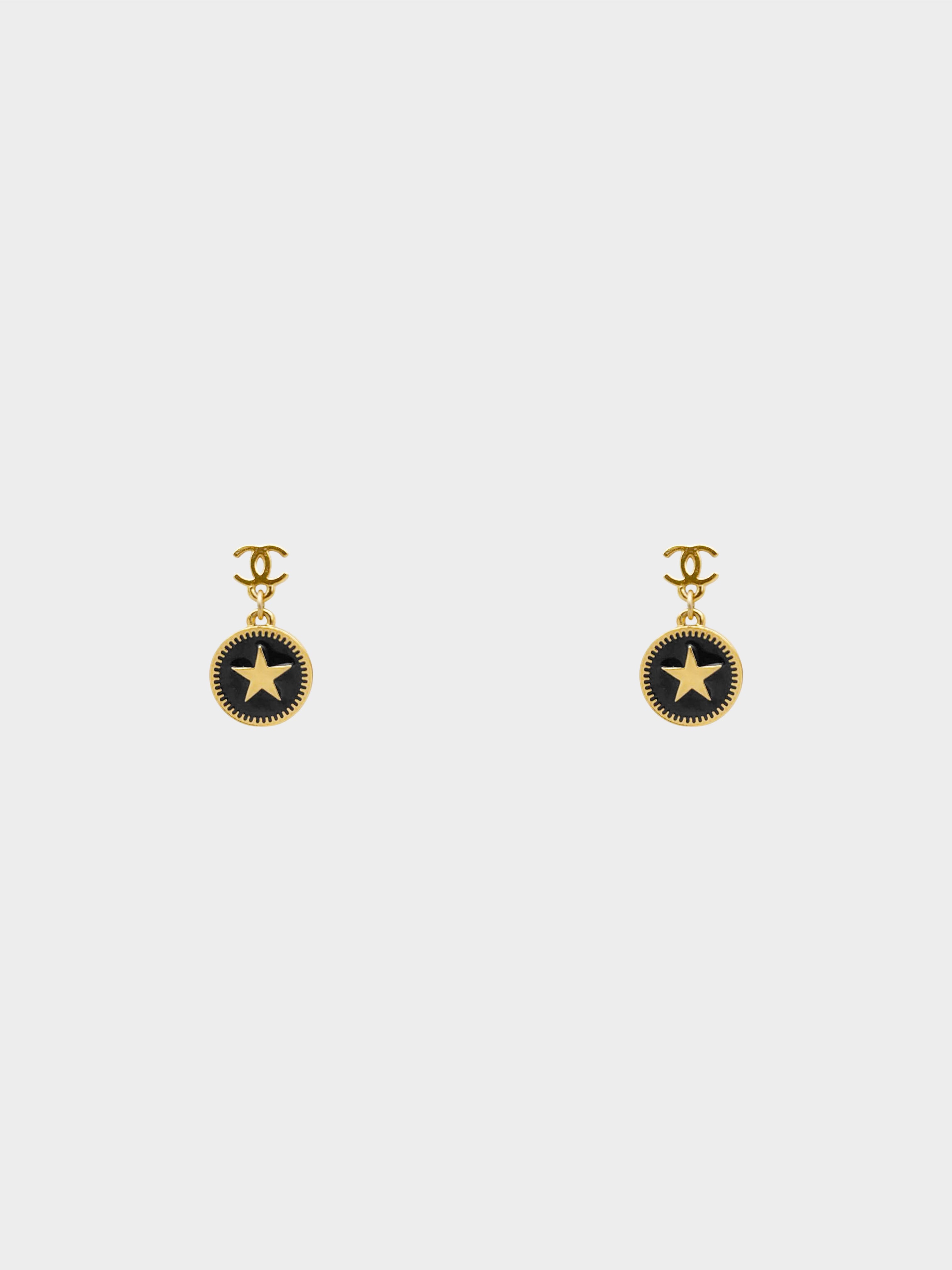 Chanel Spring 2001 Gold and Black CC Logo and Star Swing Earrings