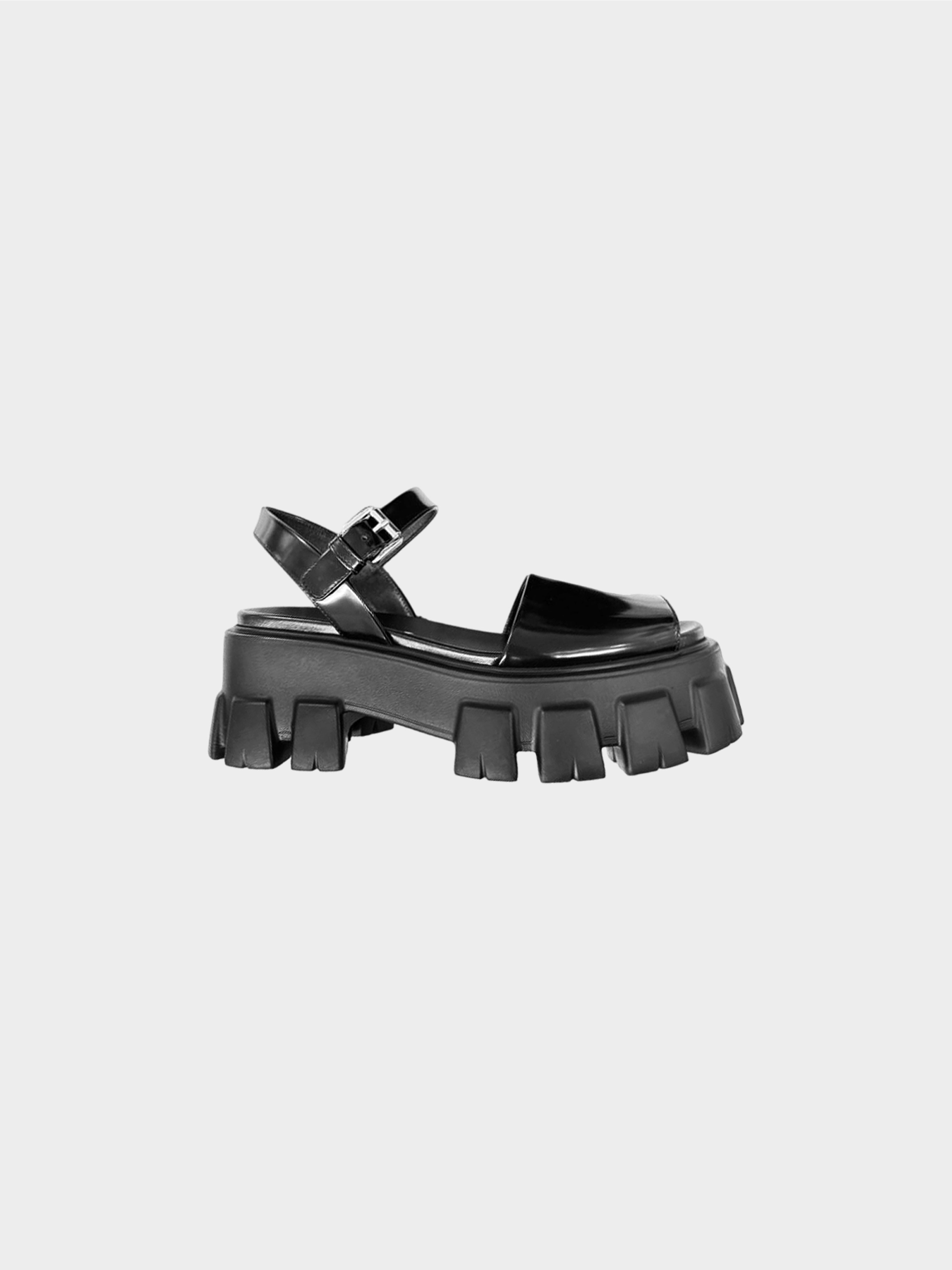 Prada 2020 Black Calfskin Monolith Cage Platform Sandals
