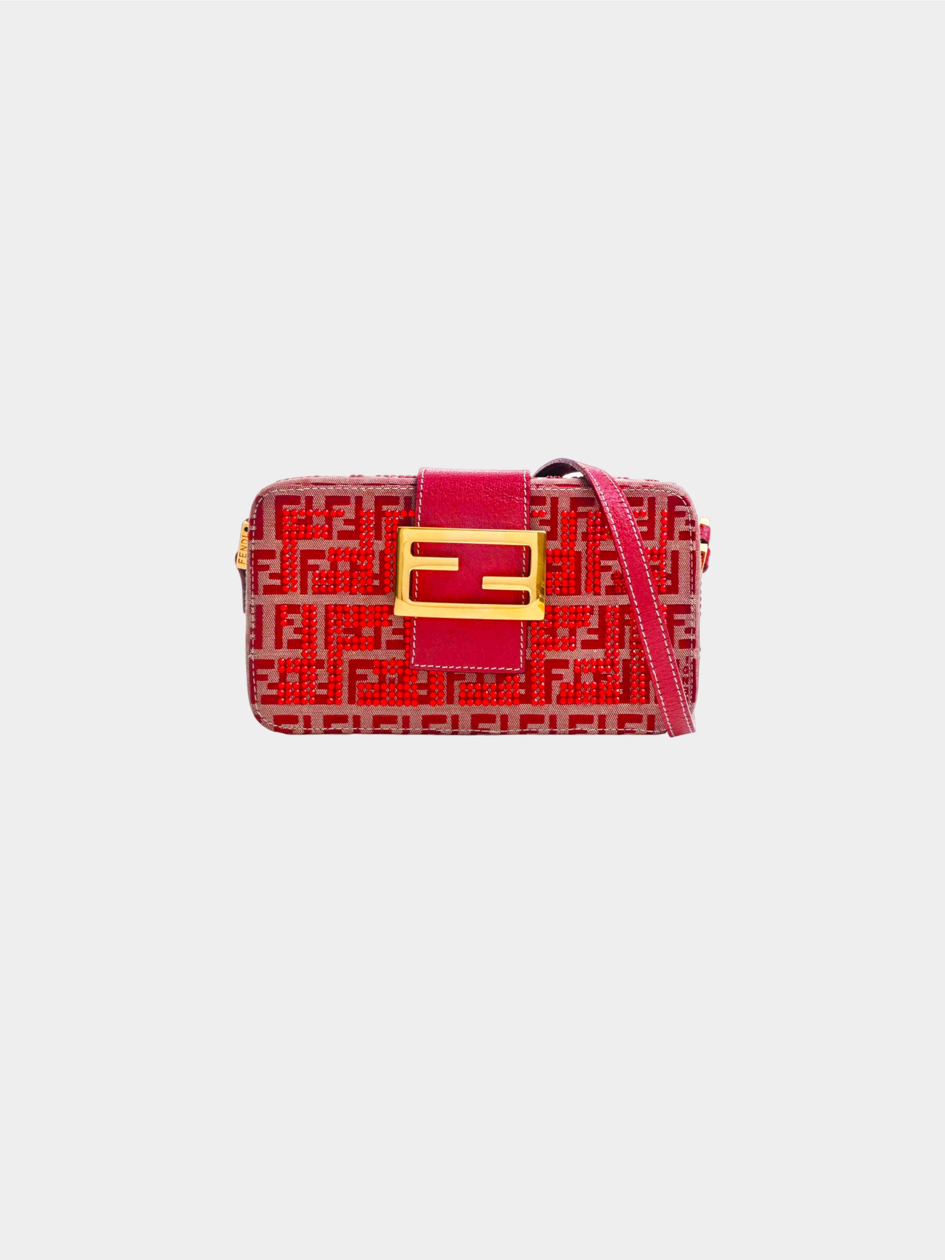 Fendi 2000s Red Zucchino Canvas Rhinestone Shoulder Bag