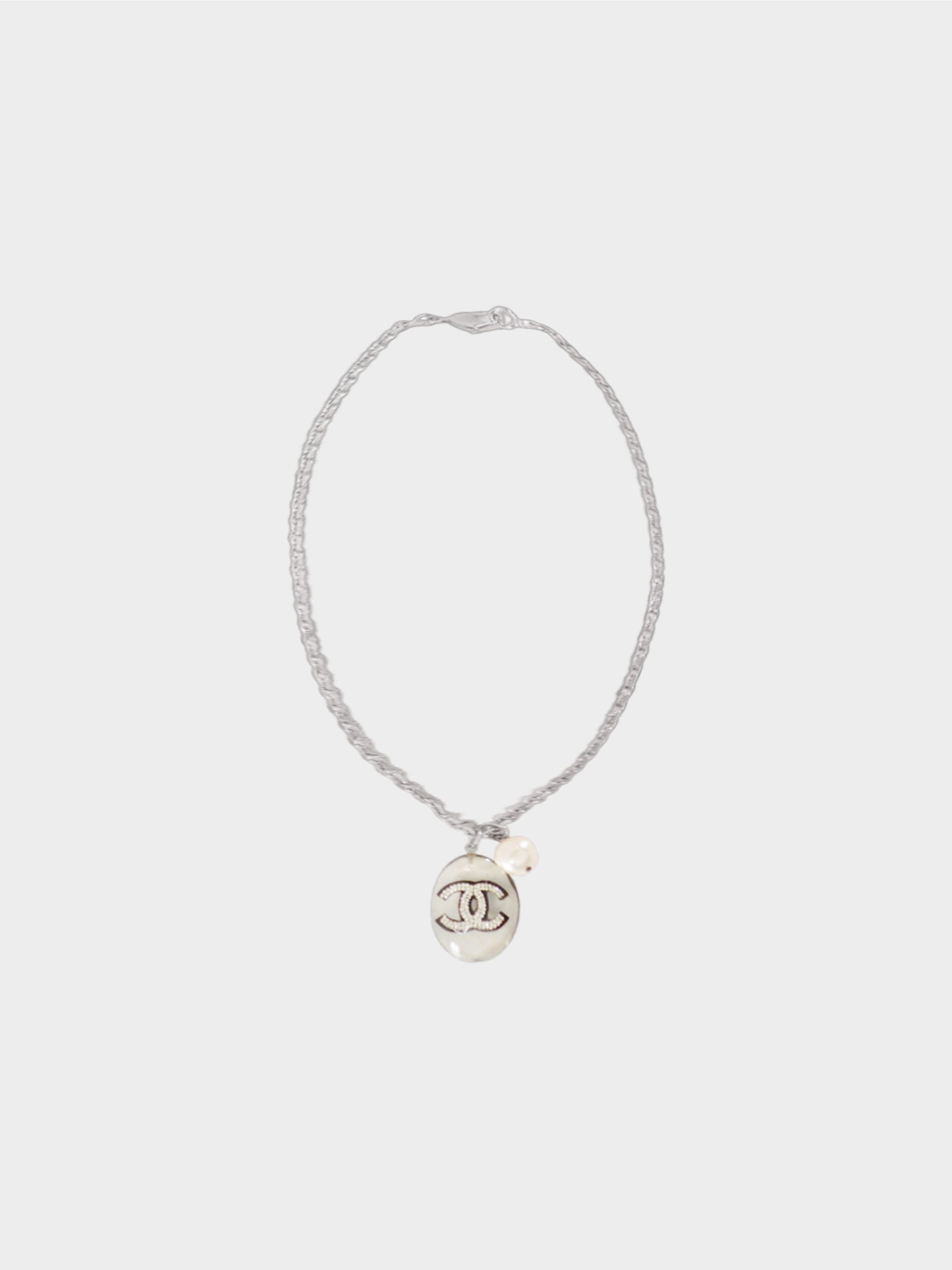 Chanel Fall 2004 Clear Oval CC Resin and Faux Pearl Pendant Necklace