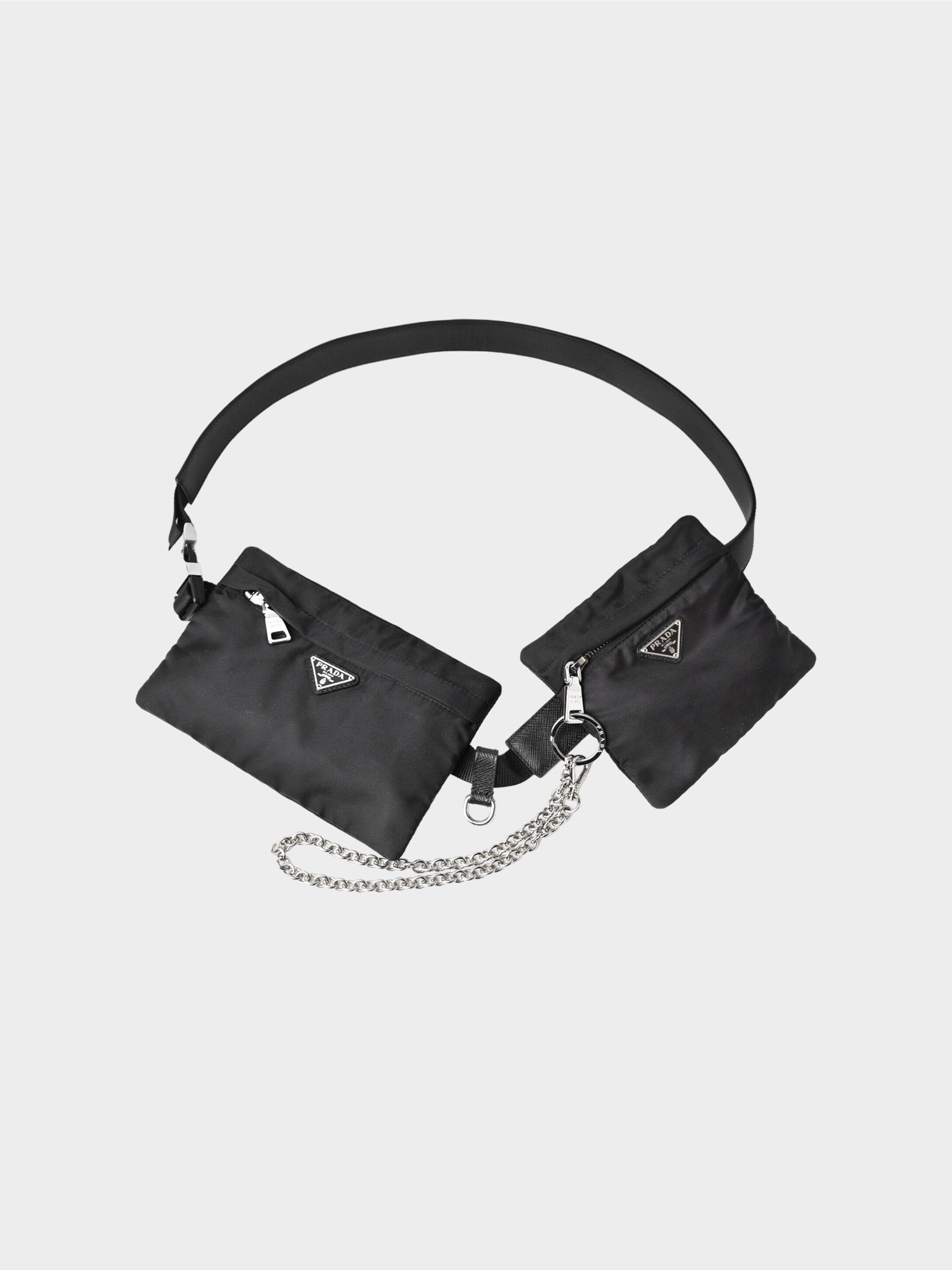 Prada 2019 Black Tessuto Nylon Saffiano Double Pouch Belt Bag