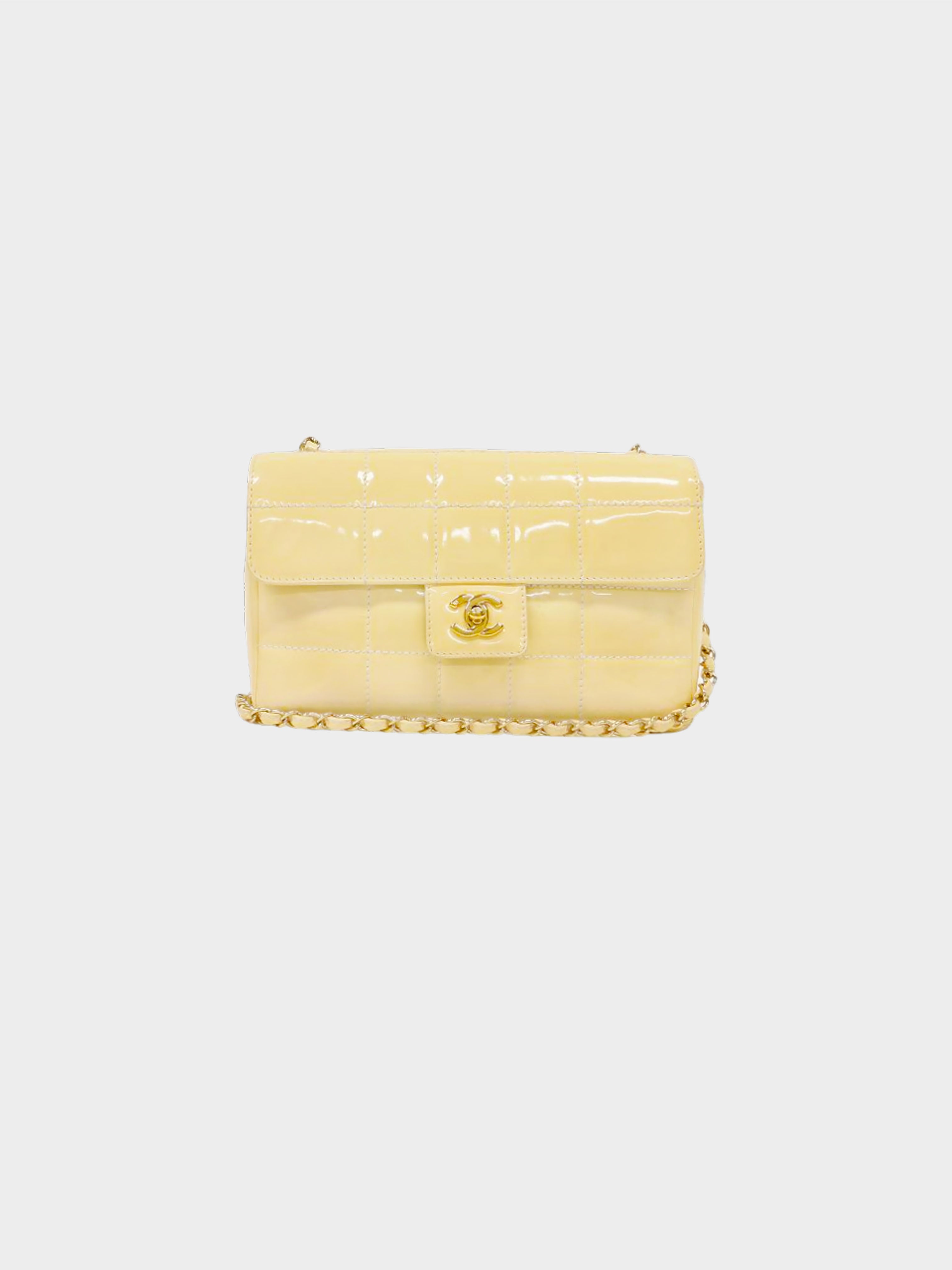 Chanel 2001-2002 Beige Patent Leather Square Stitch Flap Bag