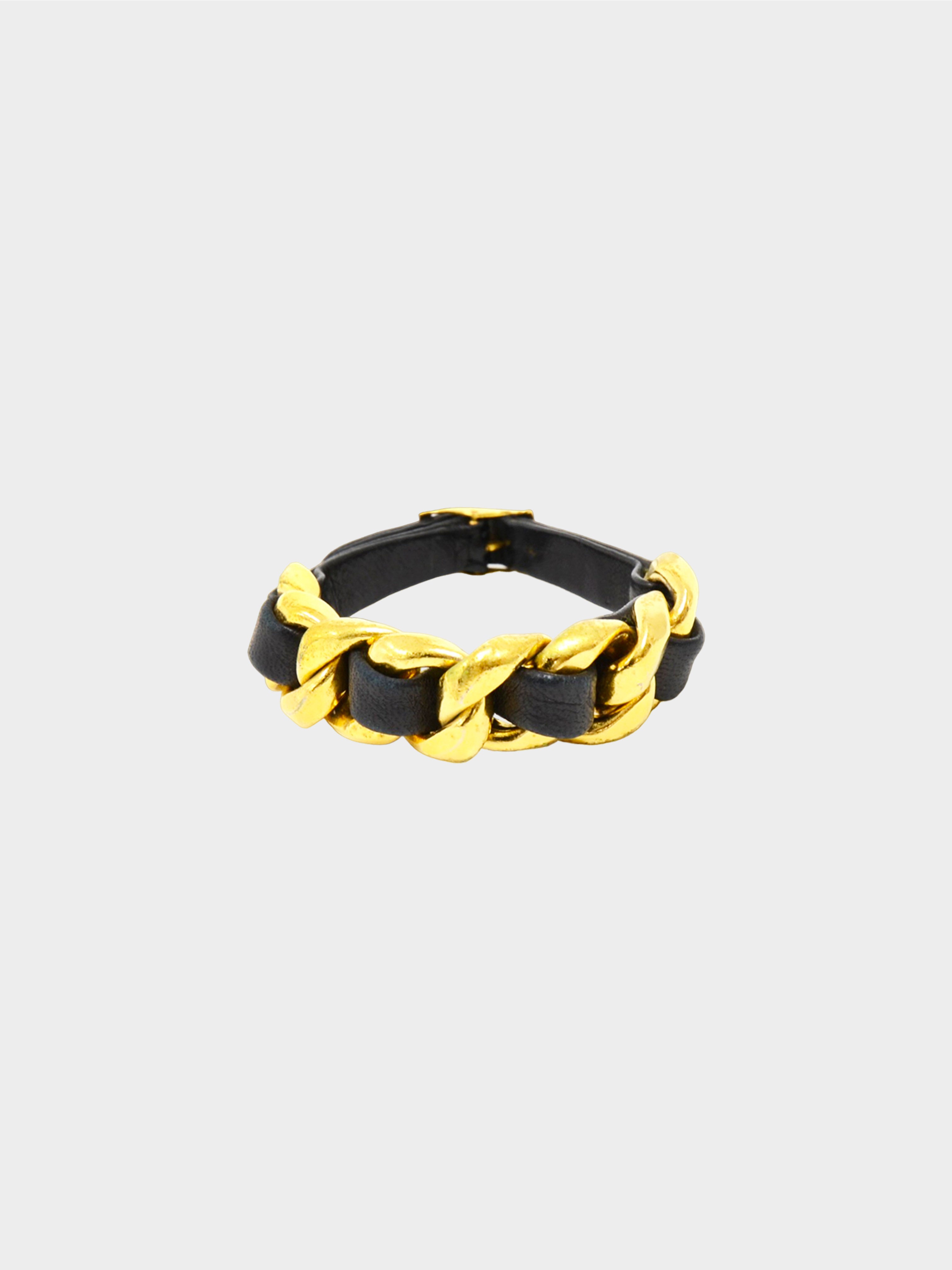 Chanel Gold Metal and Leather Chain Entwined CC Cuff Bracelet - Yoogi's  Closet