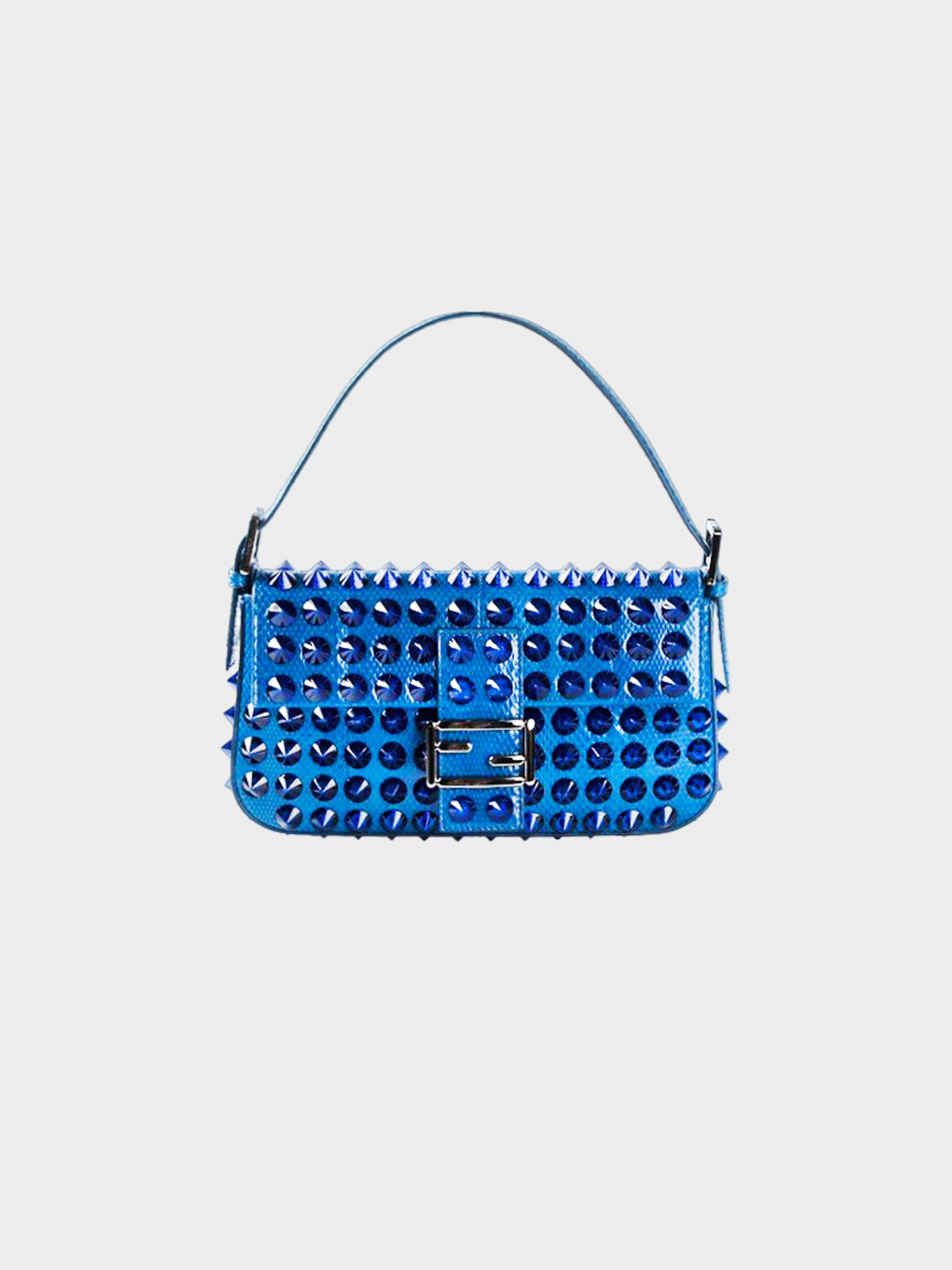 Fendi 2015 Blue Rare Snakeskin Studded Leather Baguette Bag