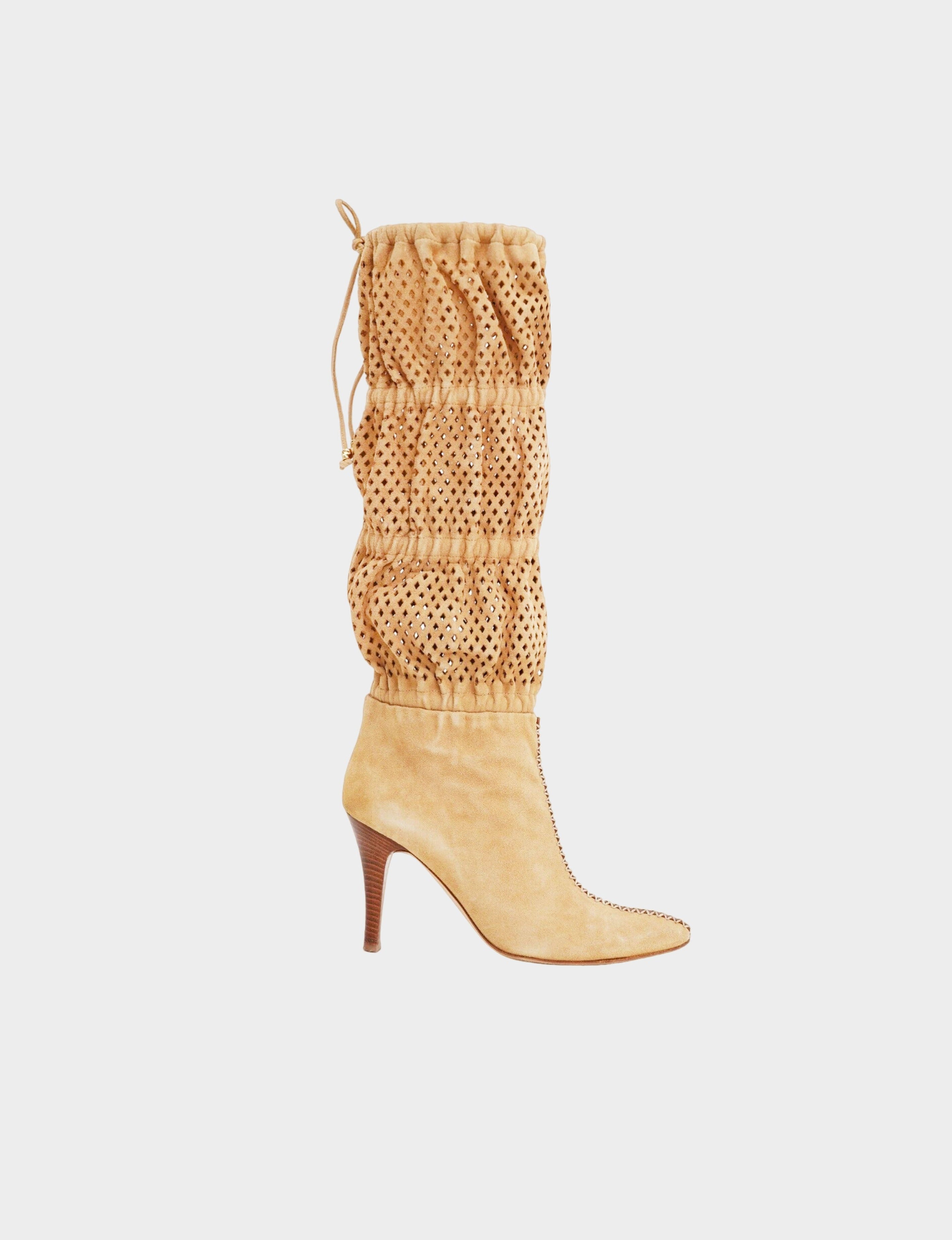 Roberto Cavalli 2000s Beige Perforated Knee Length Suede Boots