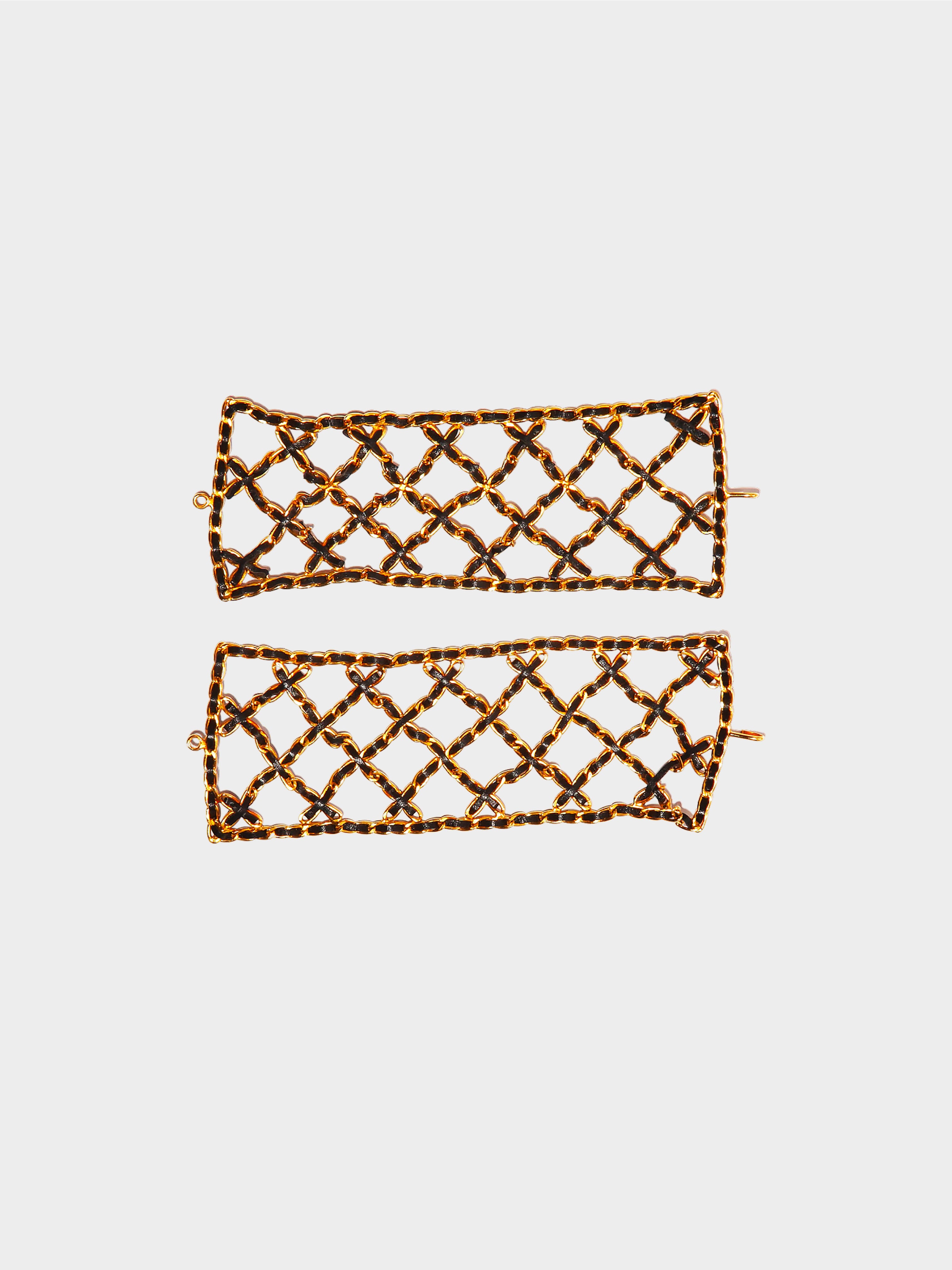 Chanel SS 1995 Rare Leather-Woven Gilt Chain Cuff Bracelets