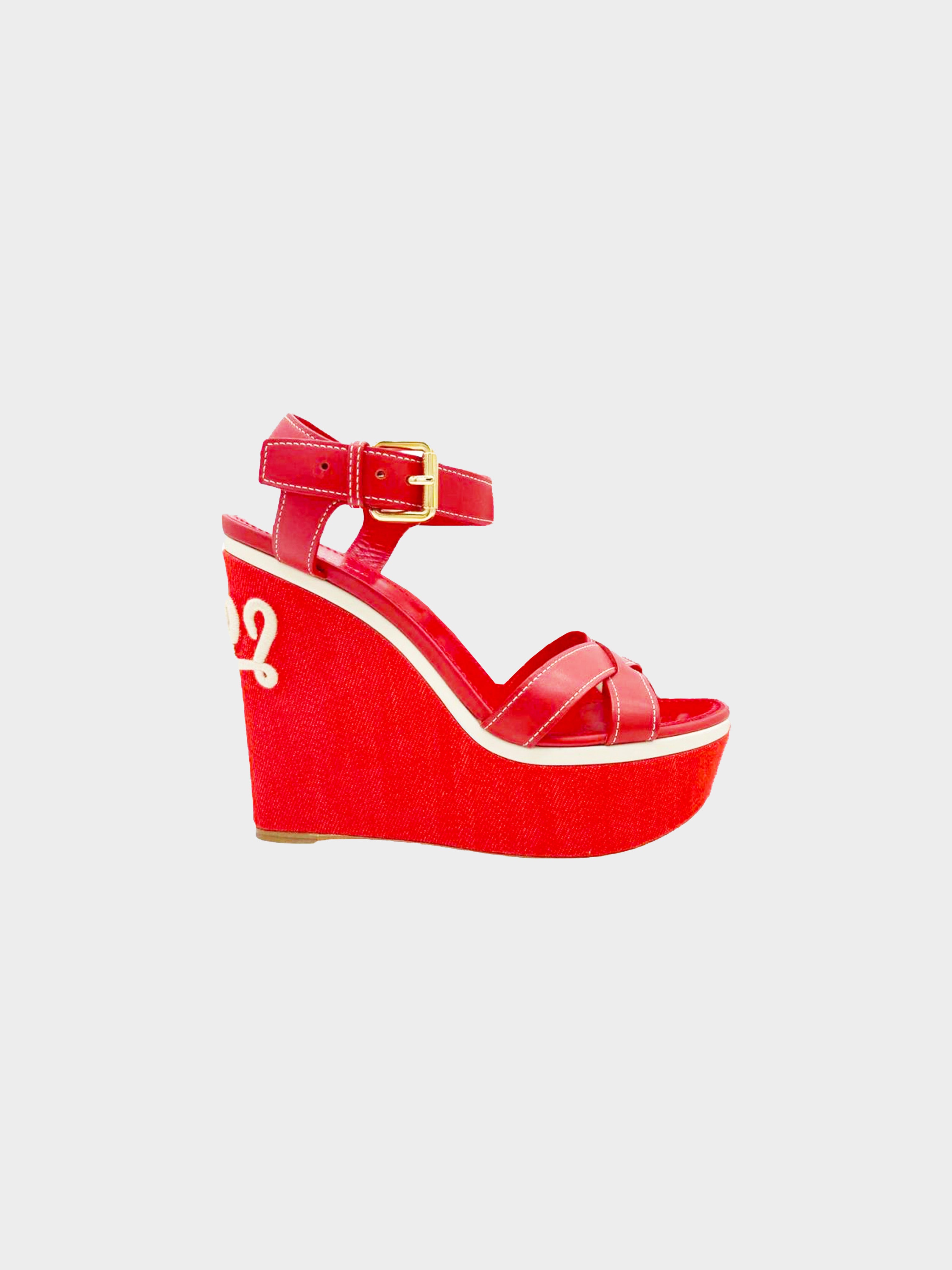Louis Vuitton 2016 Red Waterfall Wedge Sandals · INTO