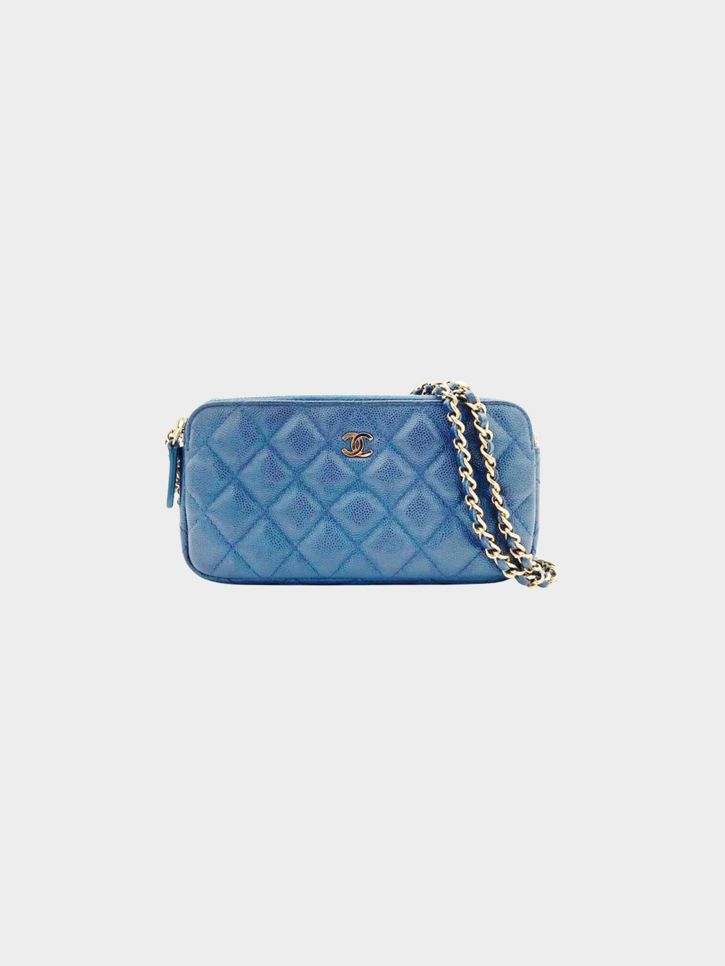 Chanel 2016 Blue Caviar Double Zip Wallet on a Chain