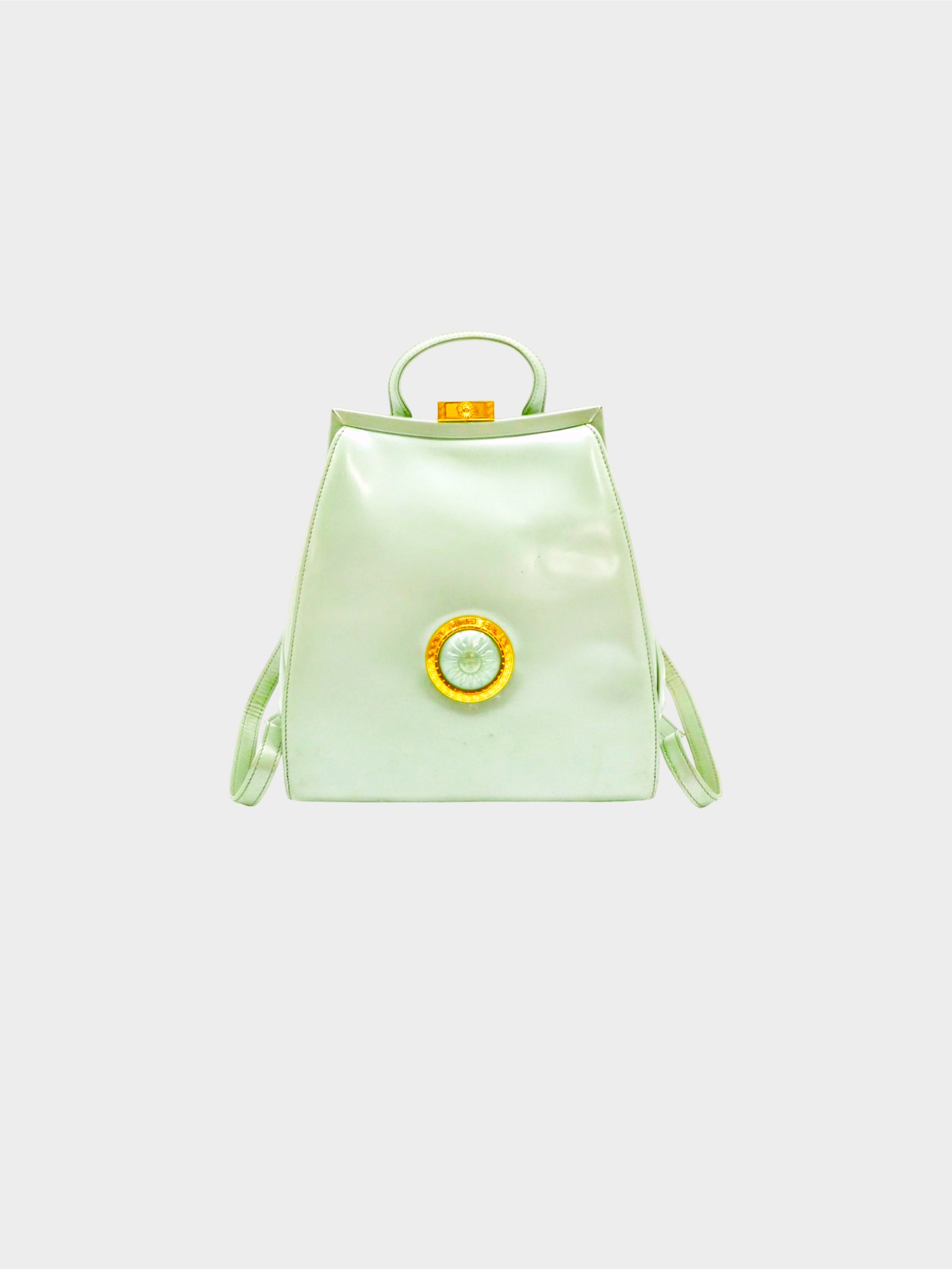 Gianni Versace 2000s Pastel Green Sunburst Patent Leather Backpack