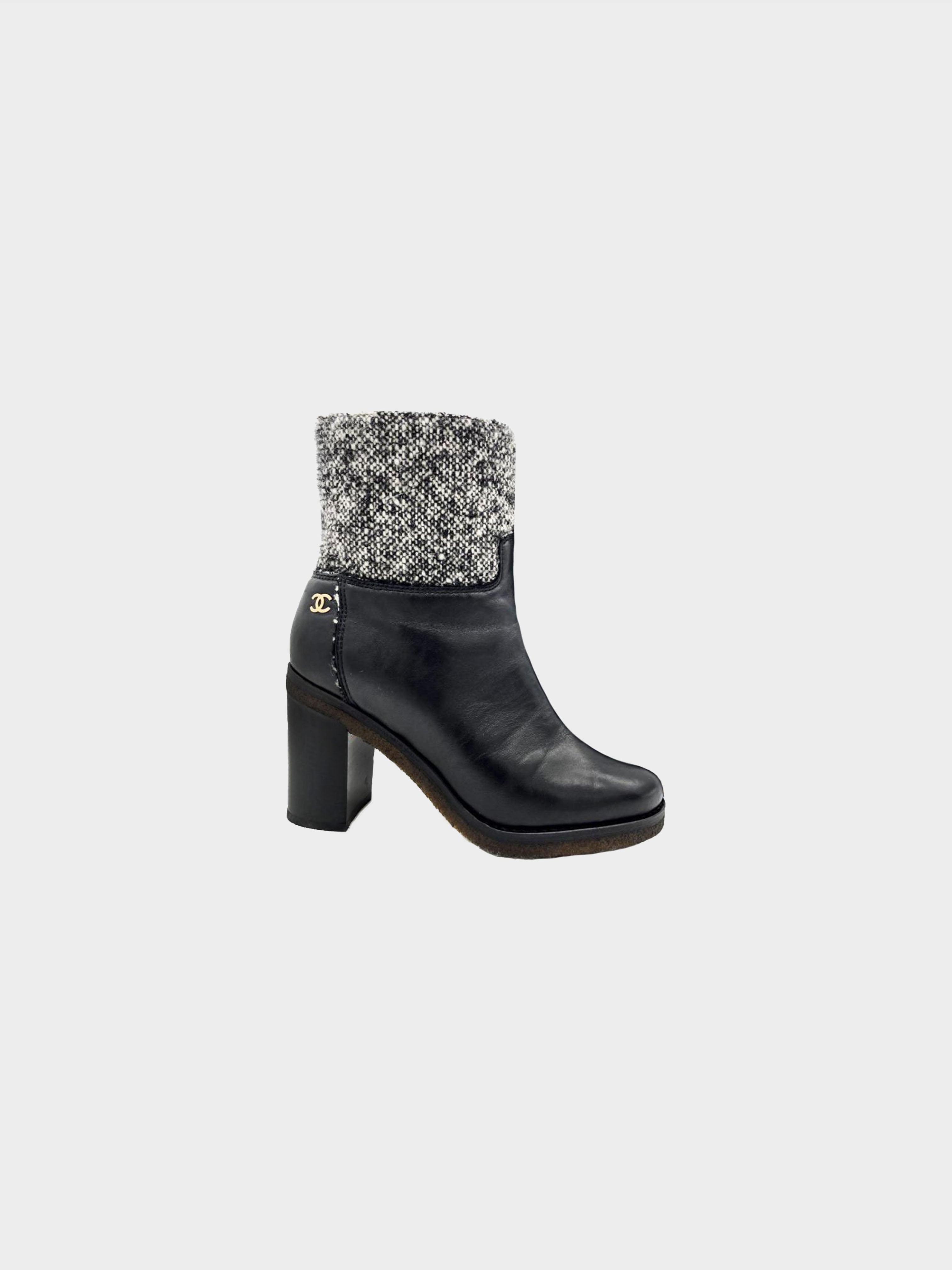 Chanel 2016 Black Leather and Tweed Short Boots