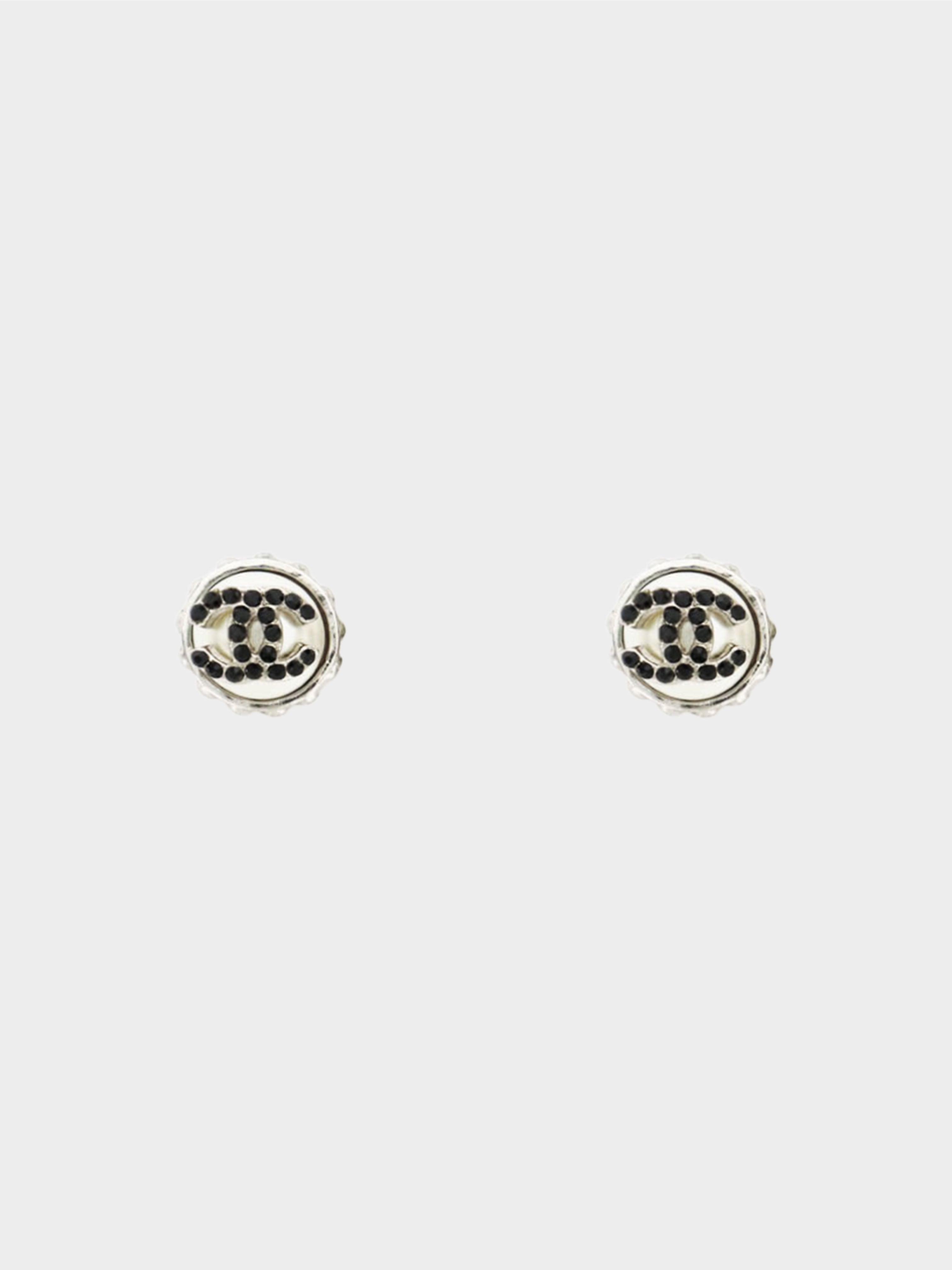 Chanel 2000s Silver Coco Mark Pearl and Rhinestones Stud Earrings · INTO