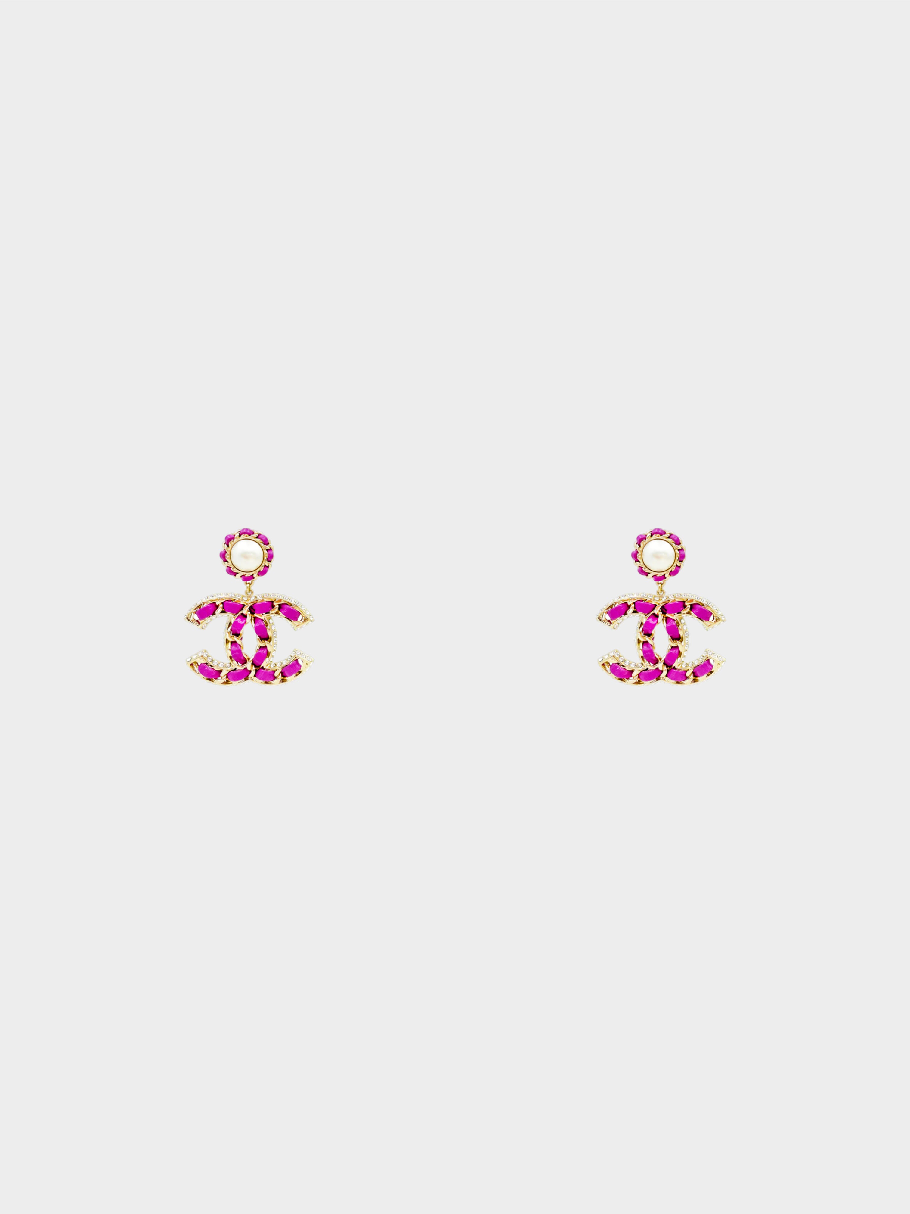 Chanel Spring 2021 Rare Magenta Leather Woven CC Drop Earrings