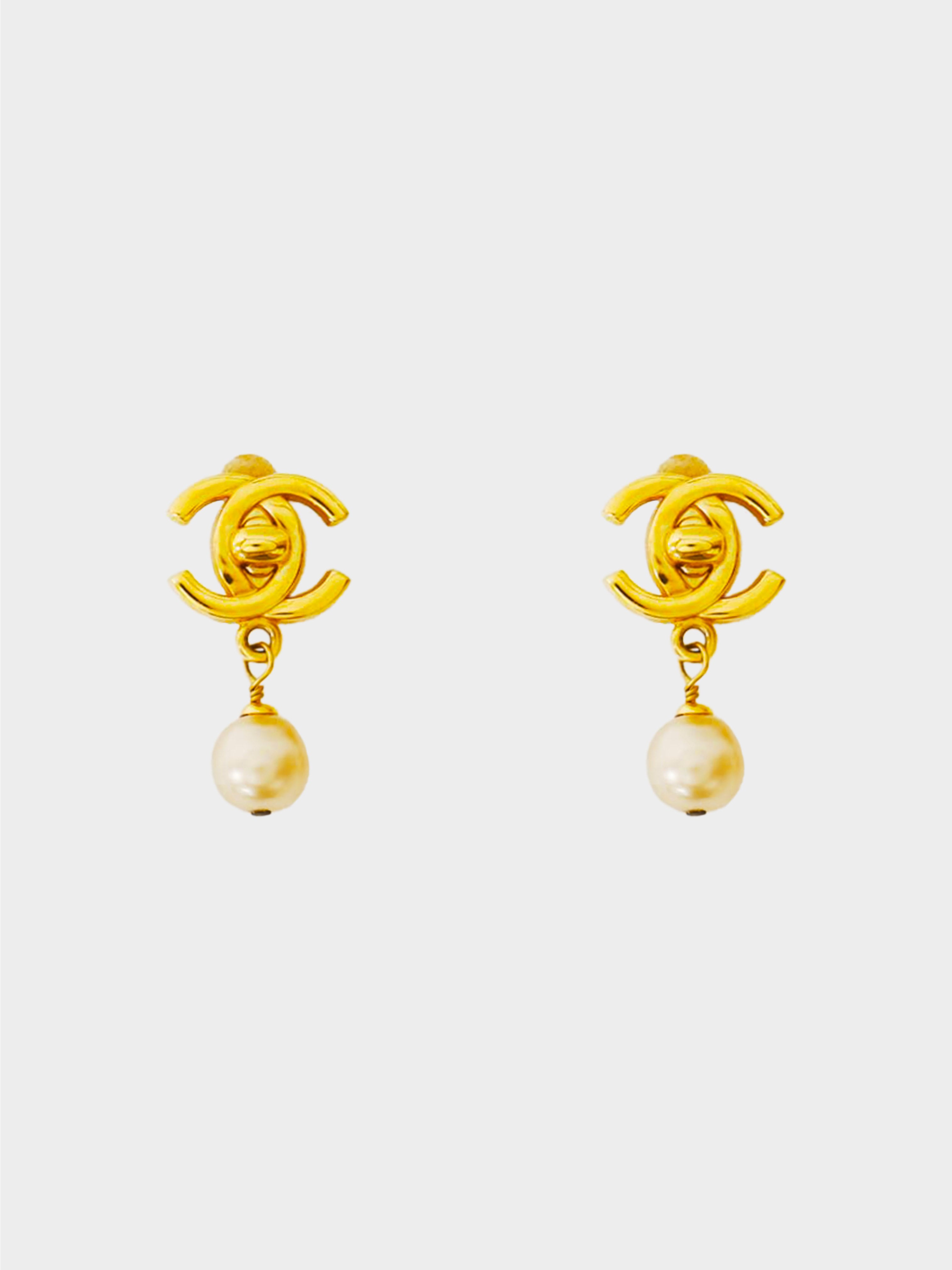 Chanel Gold CC Half Half Pearl Crystal Large Piercing Earrings