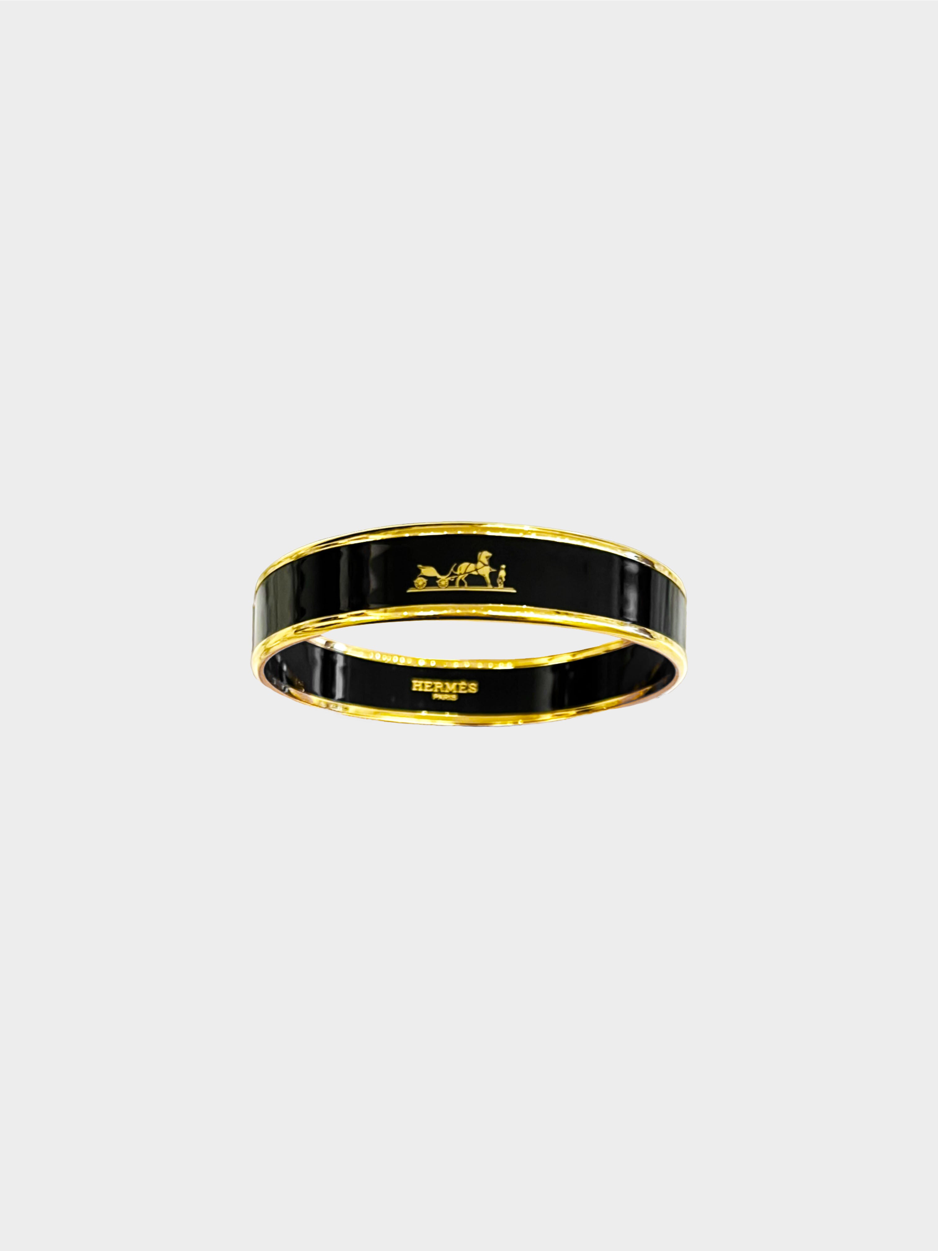 Hermès 2010s Black Enamel Caléche Gold Plated Bangle