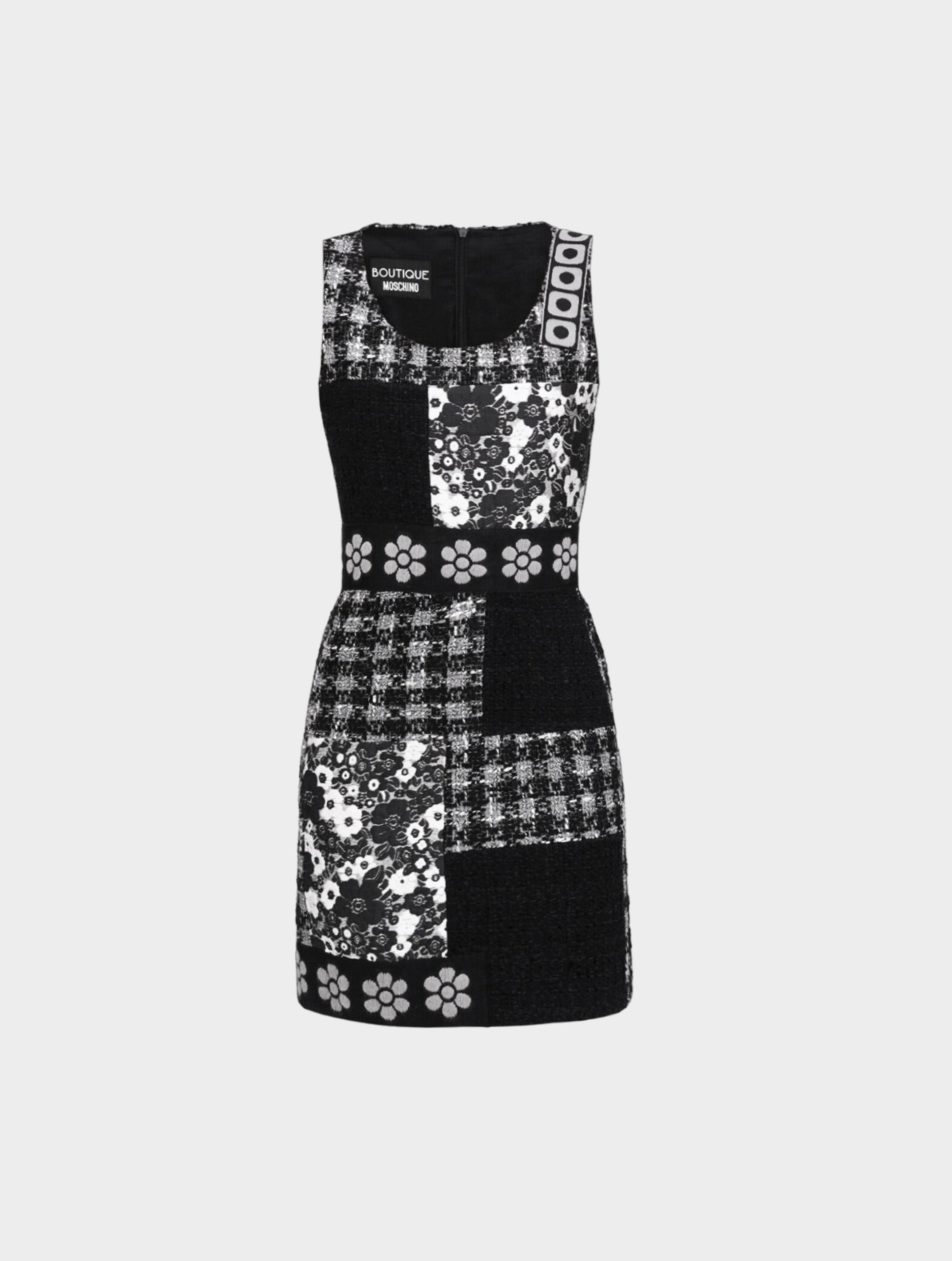 Moschino Boutique 2010s Black Tweed Floral Patchwork Dress