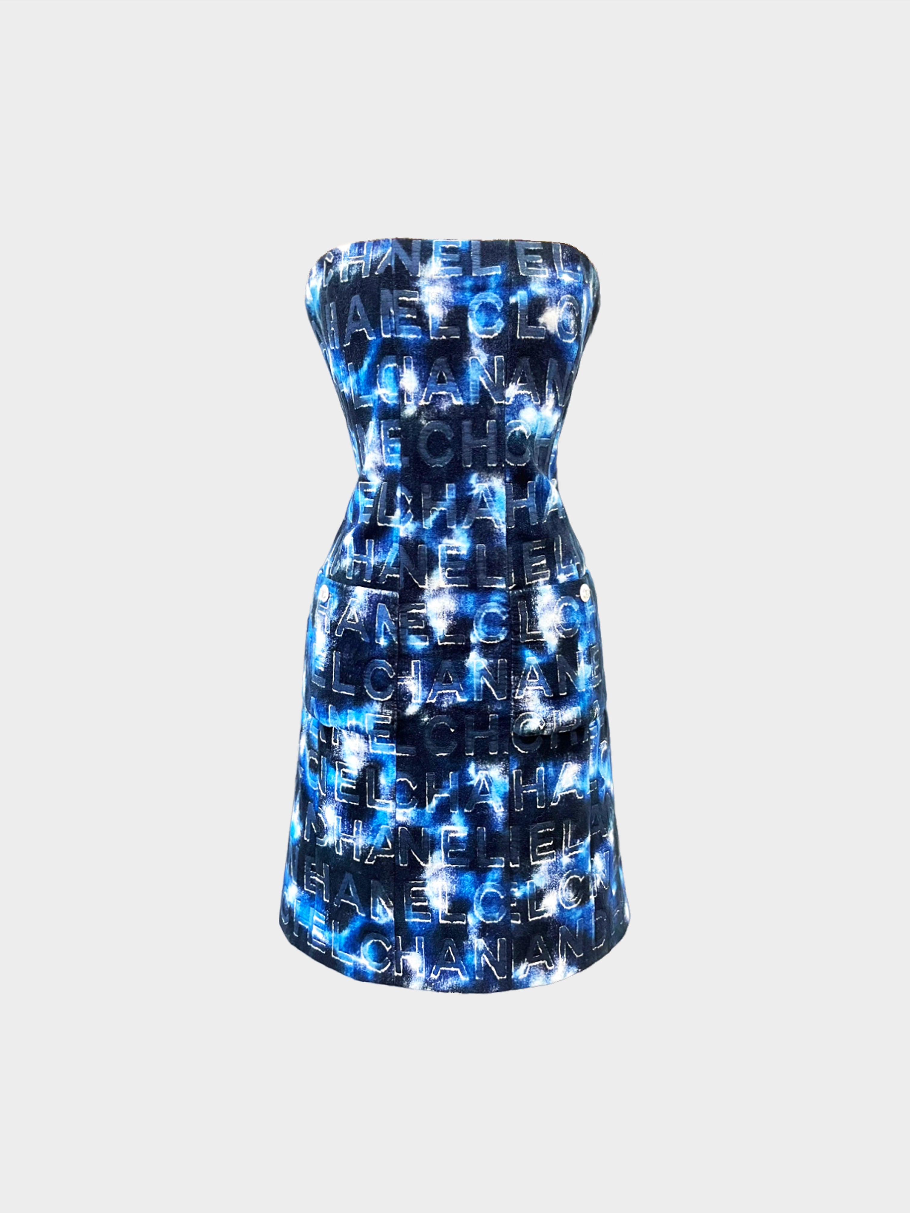 Chanel Resort 2021 Blue Velvet Logo Strapless Dress