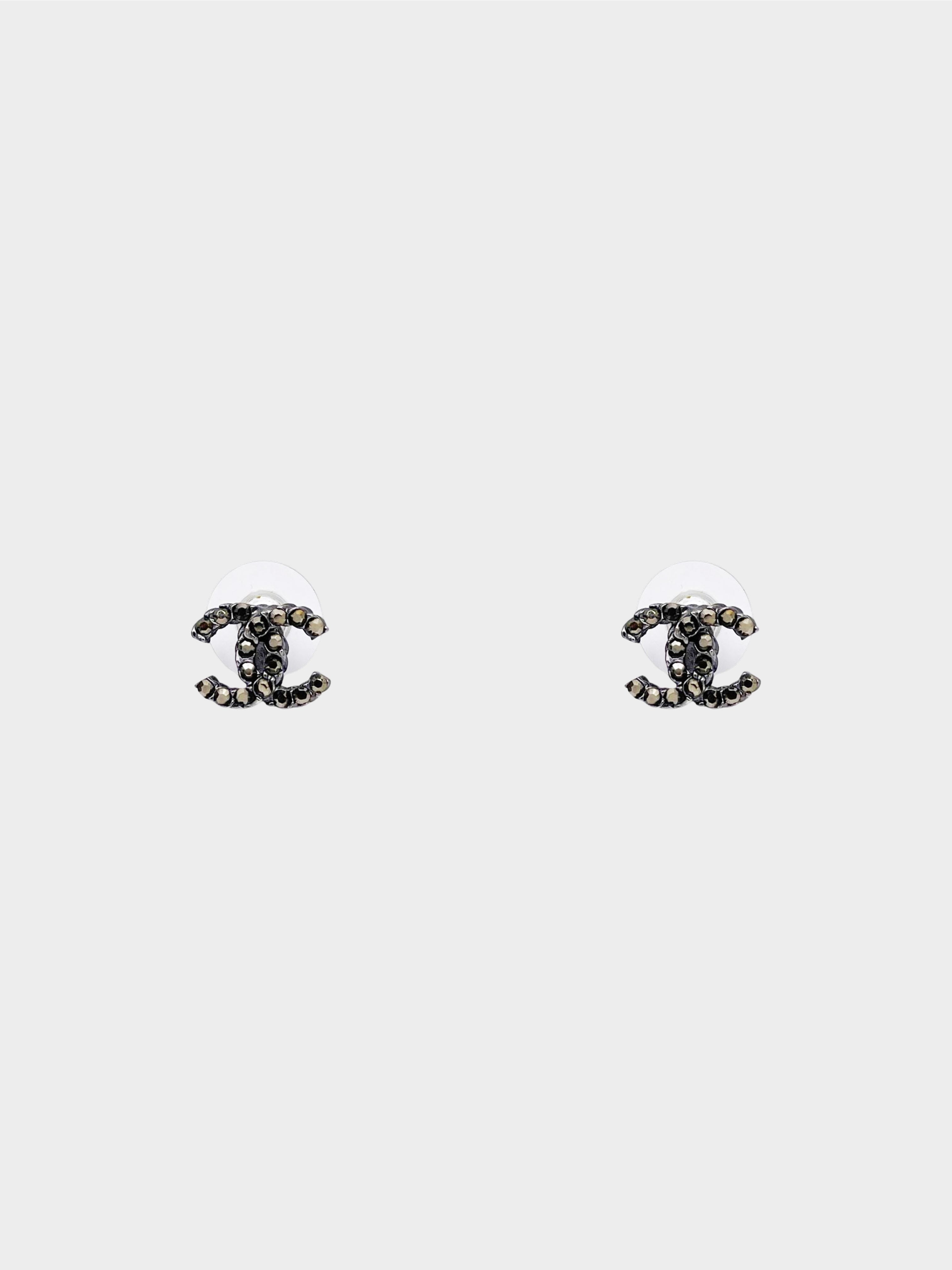 Chanel 2018 Gunmetal Silver and Bronze Rhinestone CC Stud Earrings