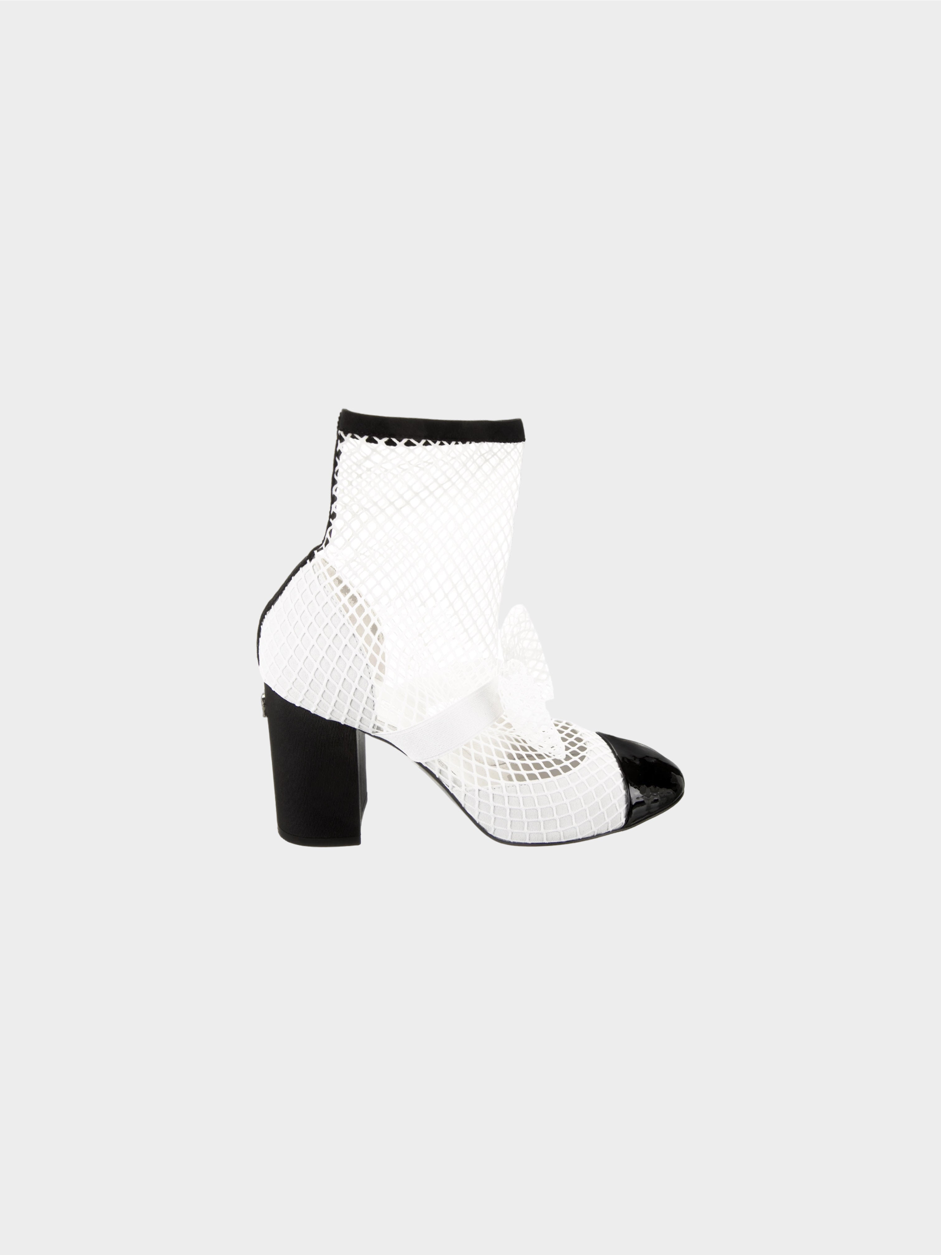 Chanel Spring 2023 Color Block Fishnet Mary Jane Ankle Boots with Bow