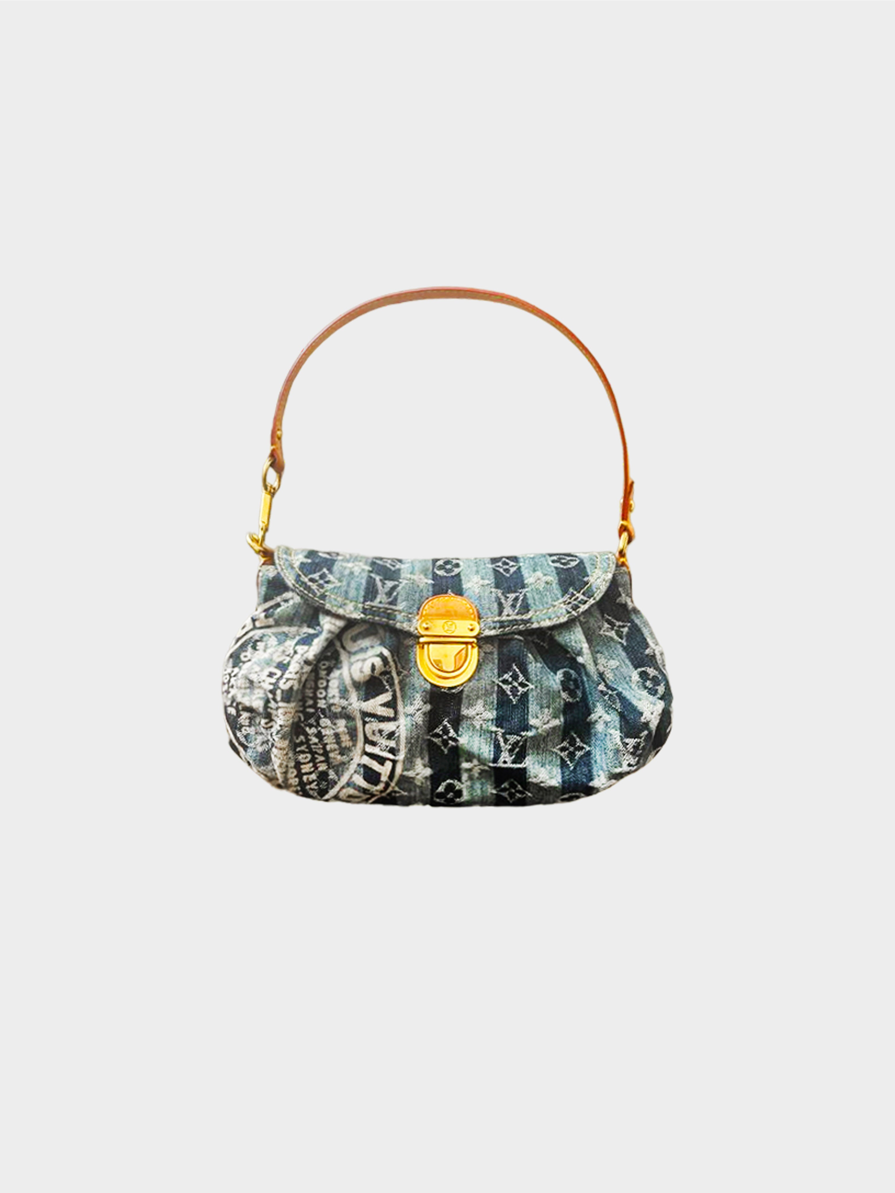 Louis Vuitton 2000s Gray Monogram Denim Patchwork Shoulder Bag · INTO