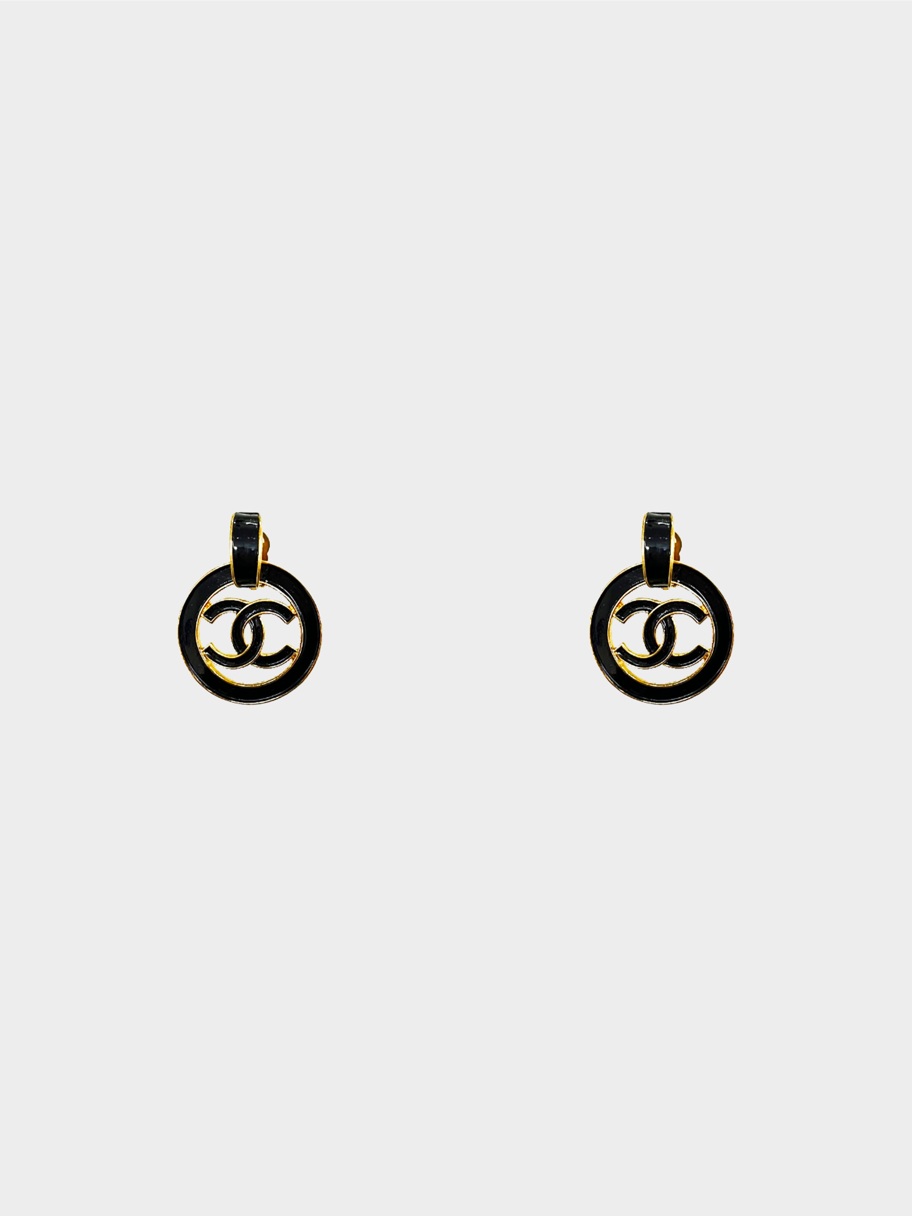 Chanel 1990s Gold and Black Enamel CC Drop Earrings