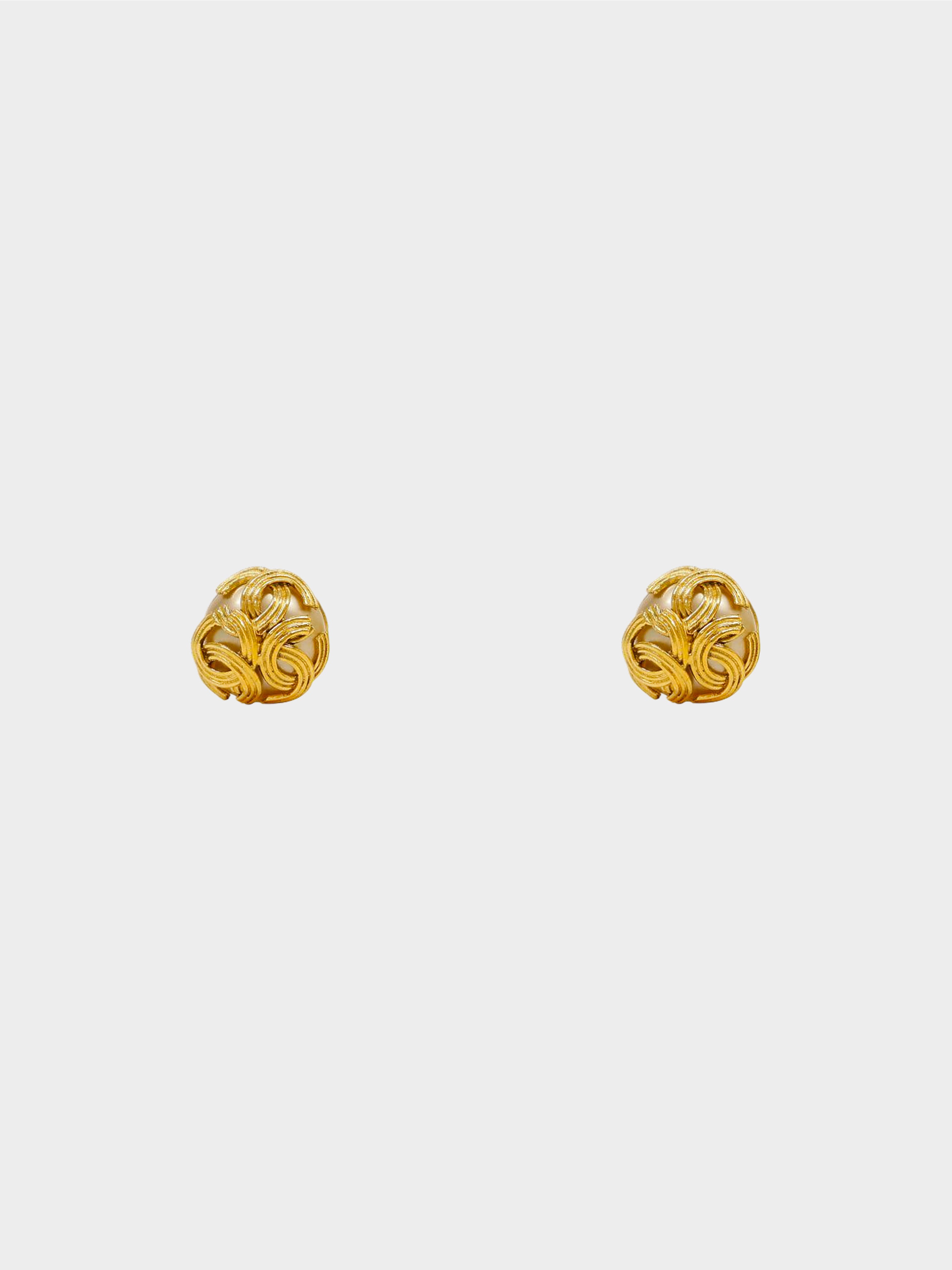 Chanel 1994 Gold Triple CC Faux Pearl Clip-On Earrings
