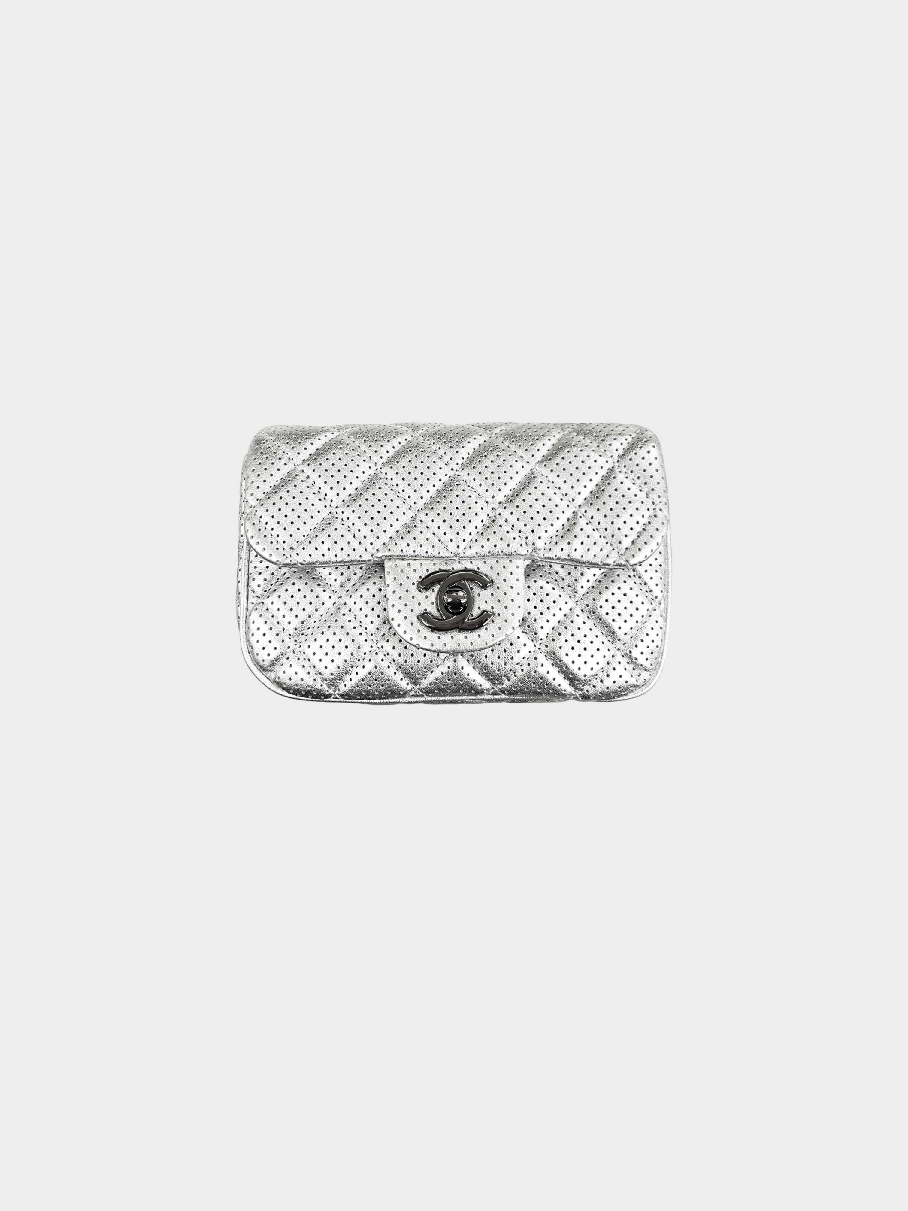 Chanel 2014 Silver Perforated Lambskin Leather Flap Bag