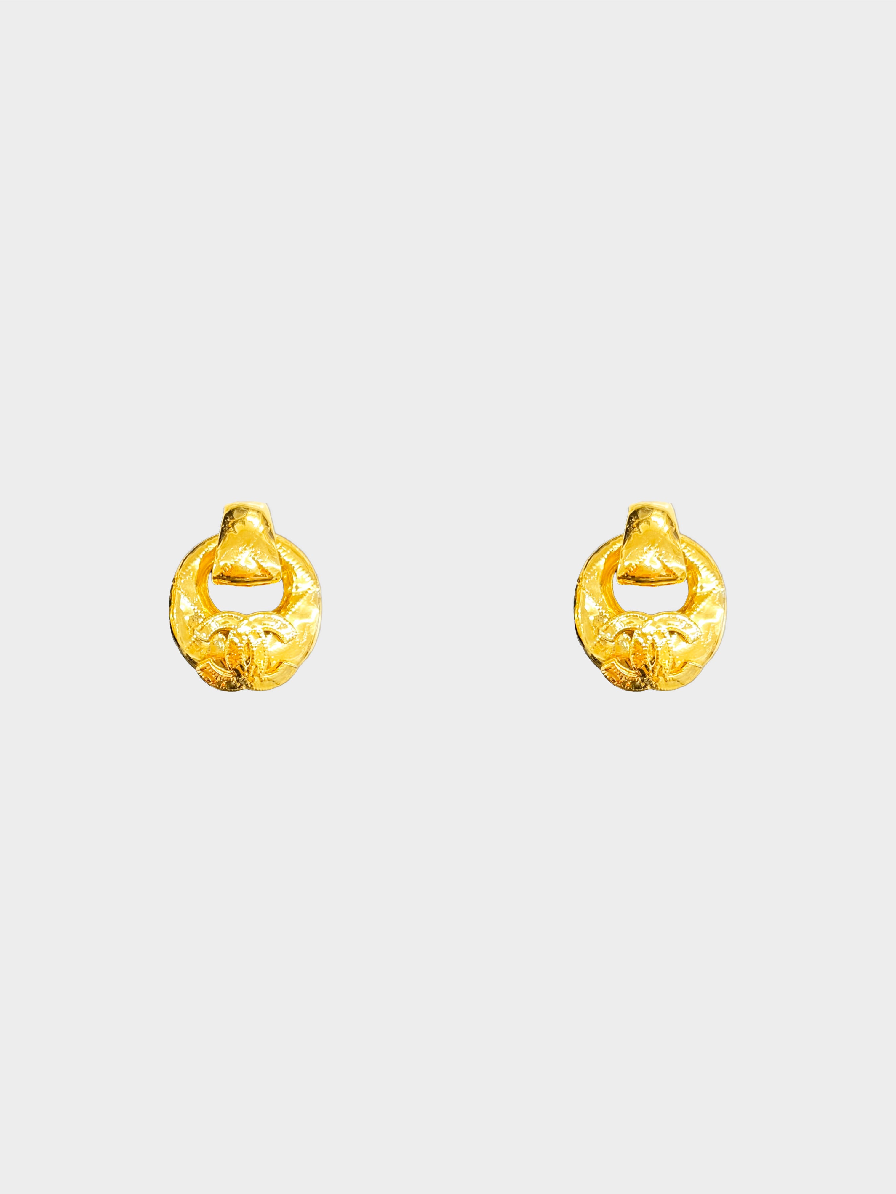 Chanel Spring 1994 Vintage Gold Quilted CC Hoop Earrings