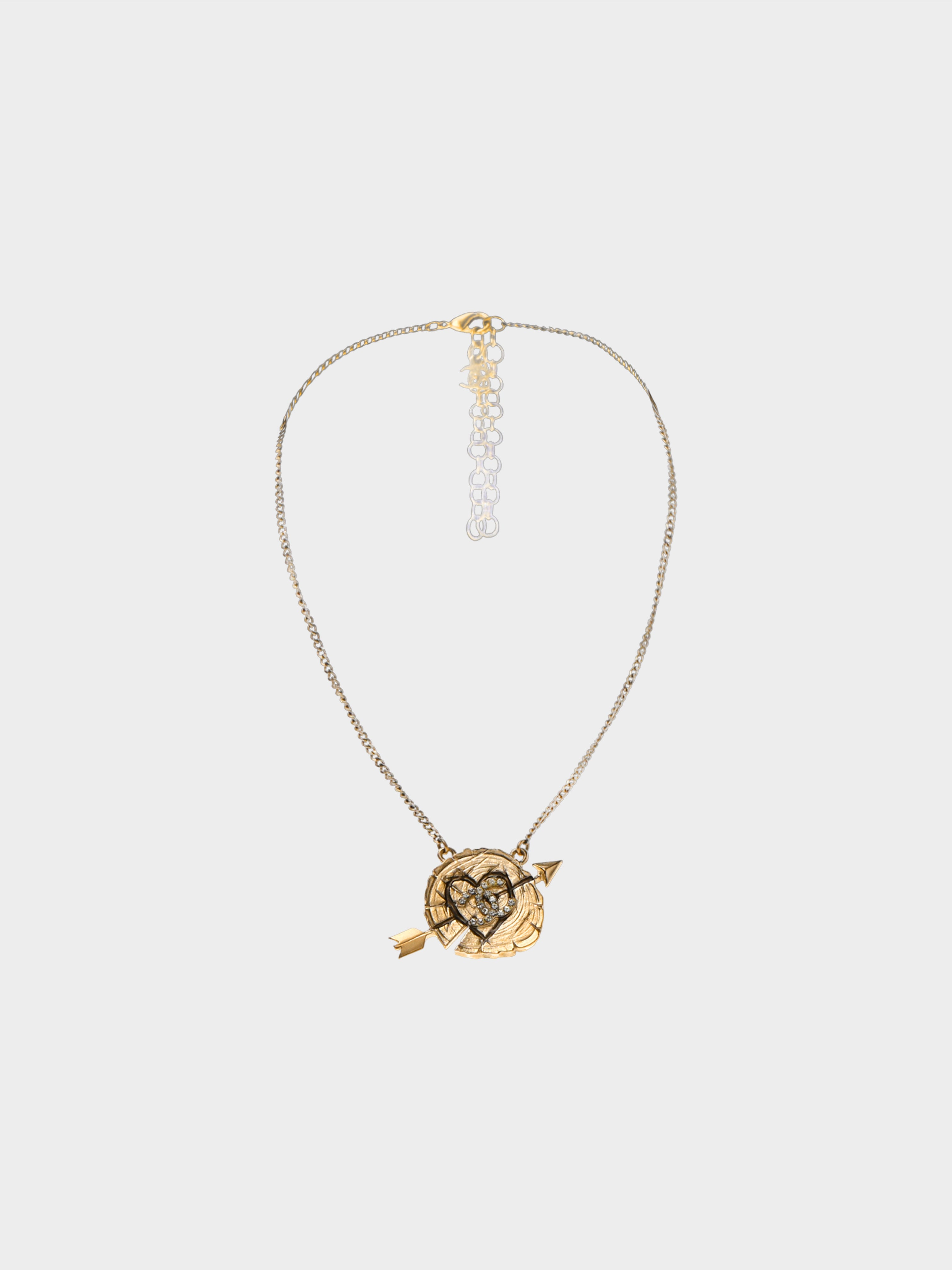 Chanel 2019 Gold Crystal CC Heart and Arrow Chain Necklace