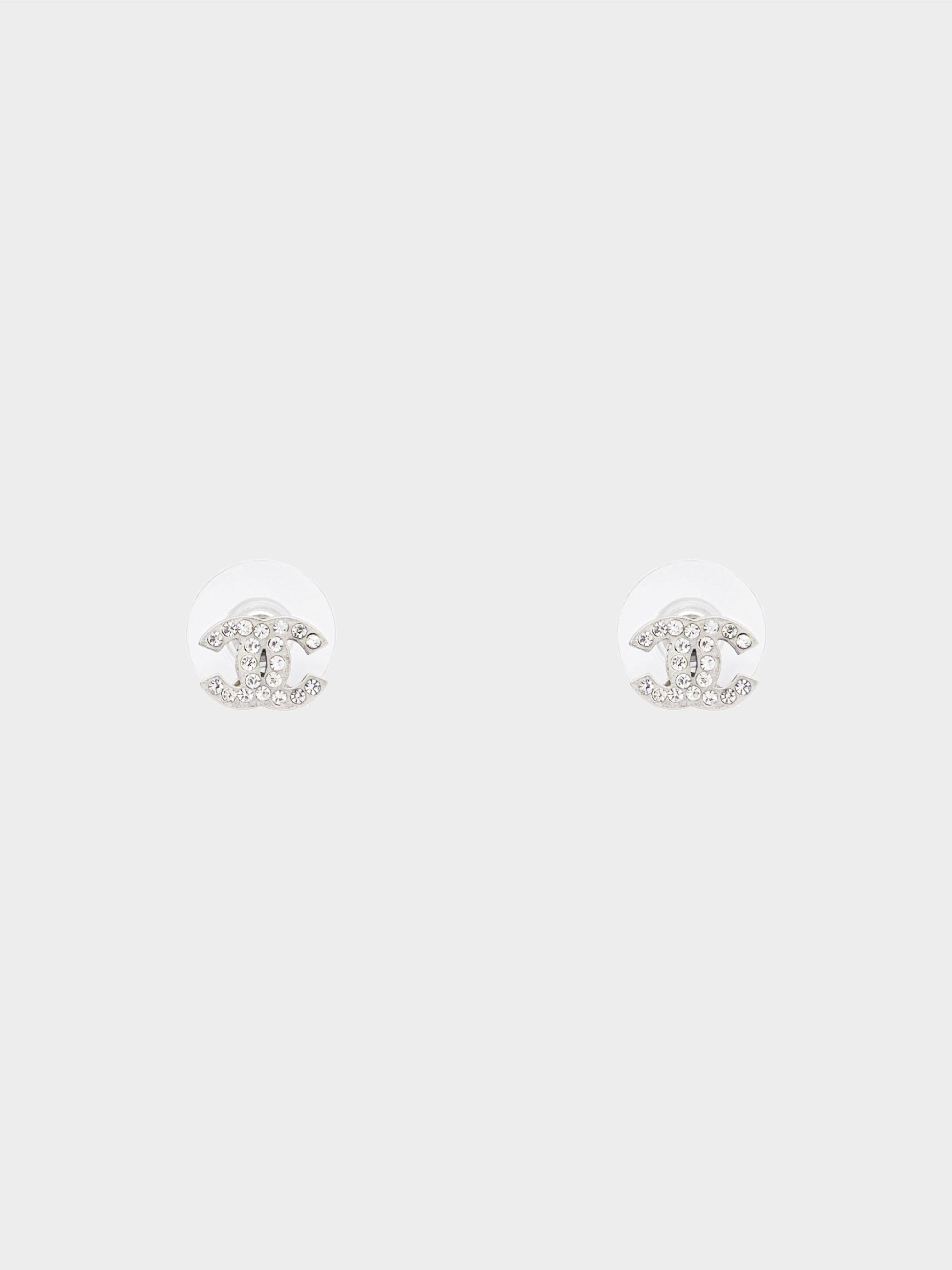 Chanel CC Crystal Silver Tone Clip-On Stud Earrings Chanel