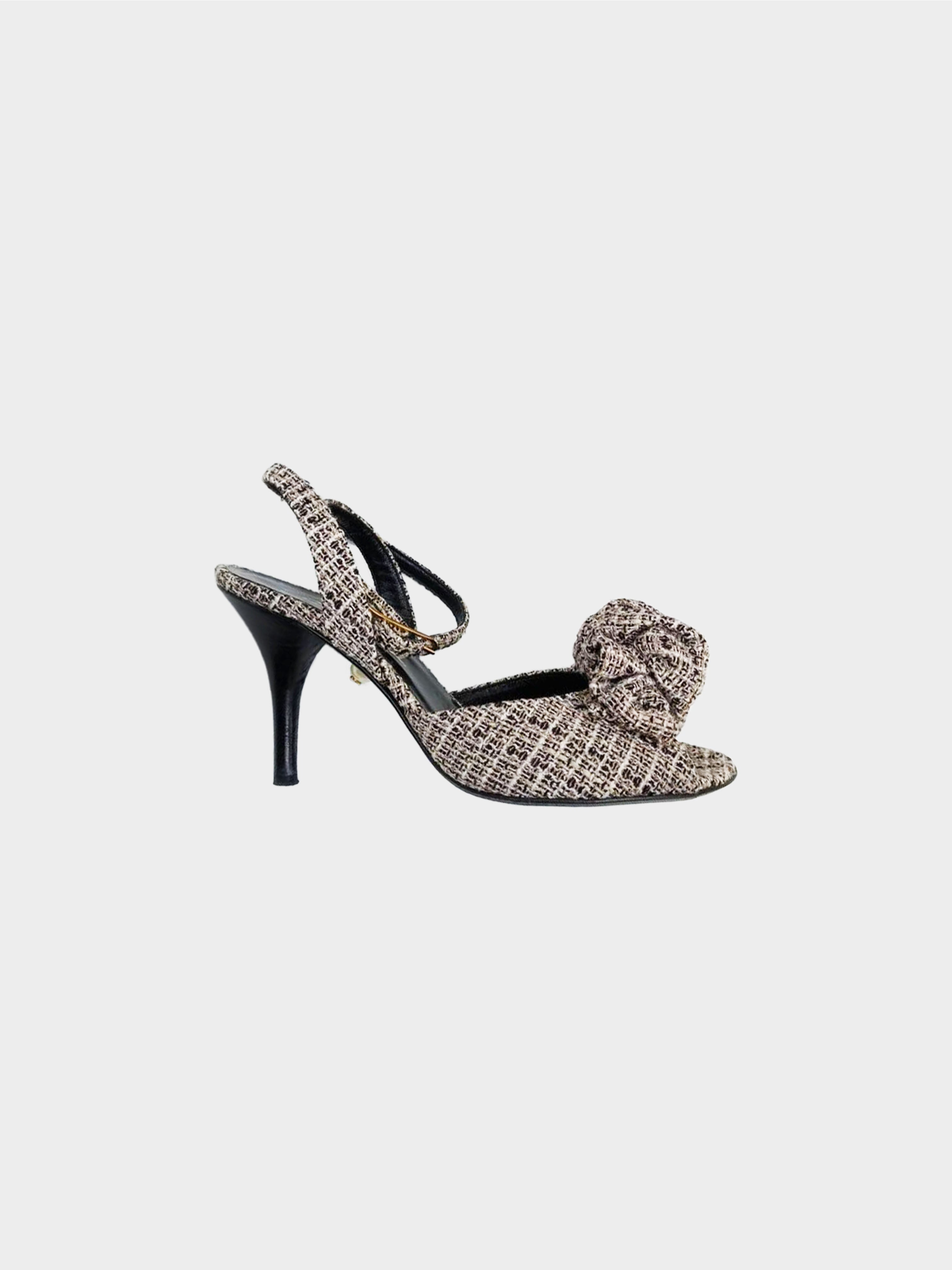 Chanel Spring 2003 Tweed Bow Ankle Strap Heeled Sandals