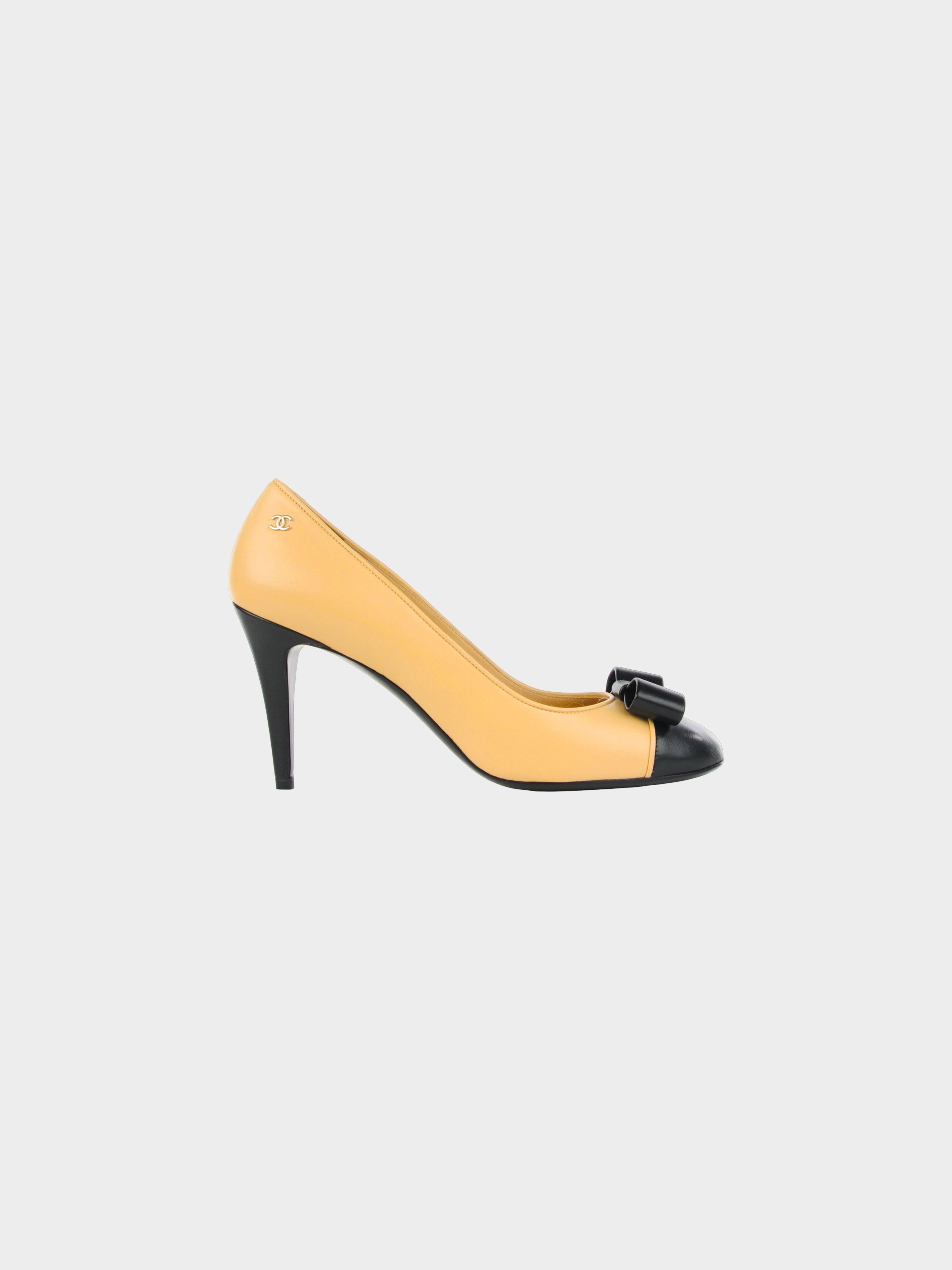 Chanel 2015 Black and Beige Lambskin Cap Toe Bow Pumps