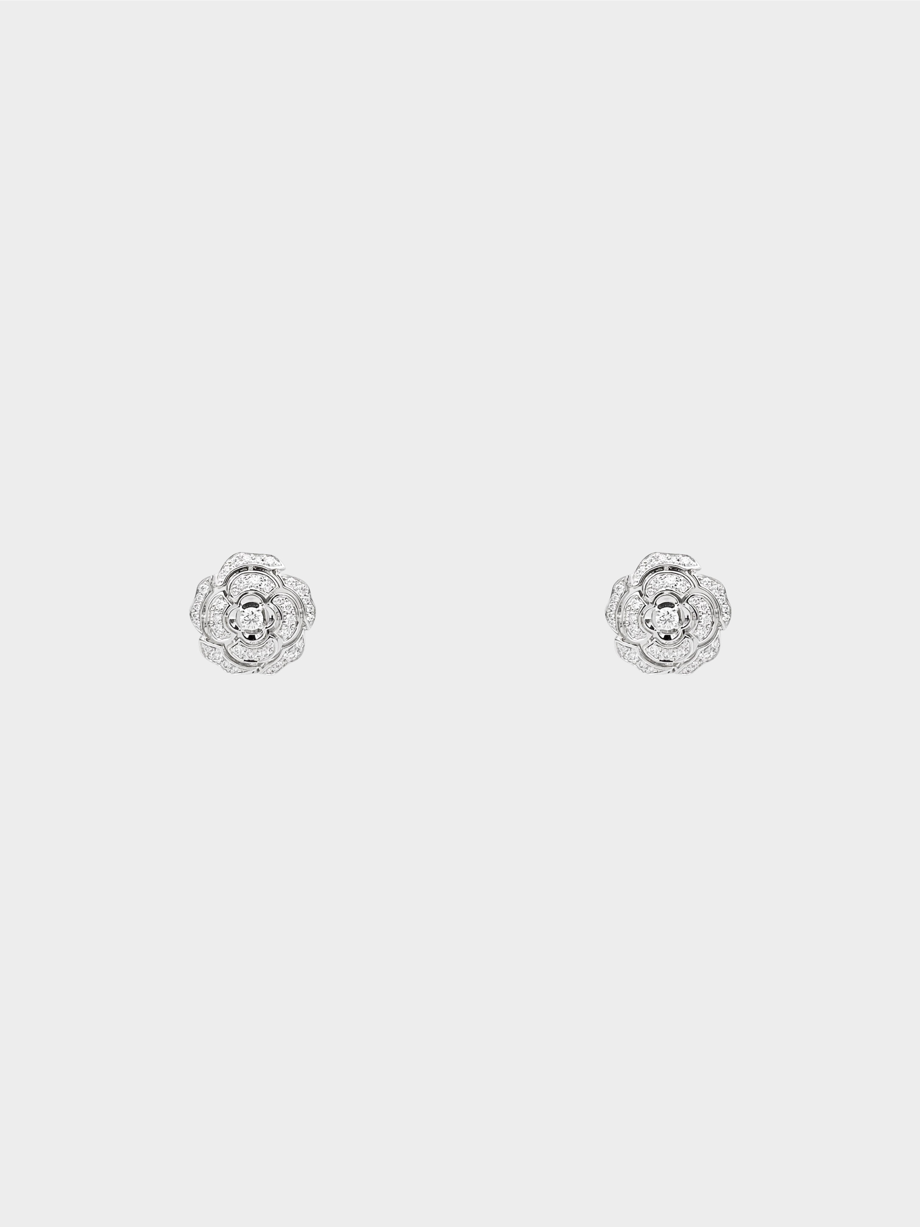 Chanel 2010s 18k White Gold Diamond Camellia Button Earrings