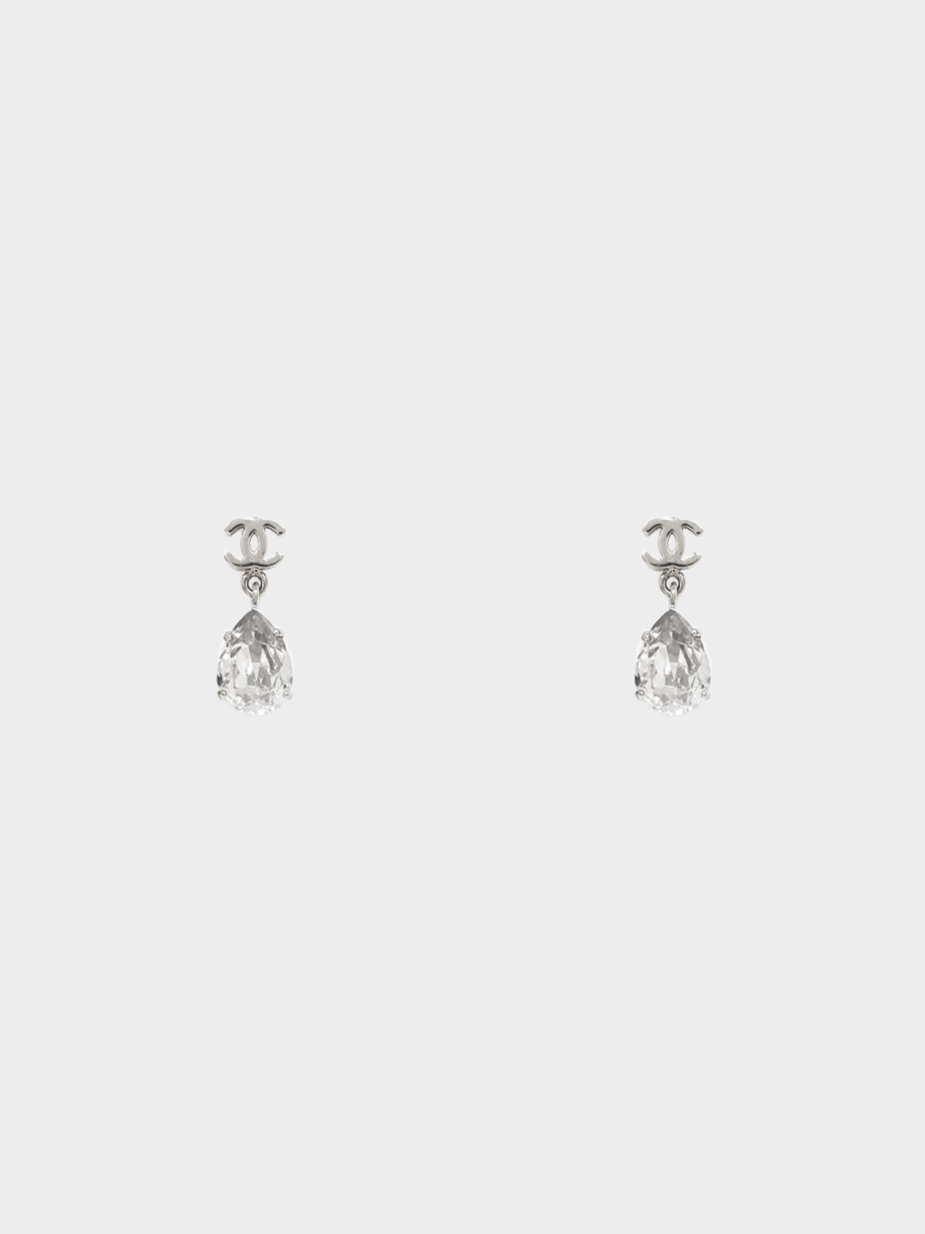 CHANEL CC Logo Swarovski Crystals Drop Earrings Silver