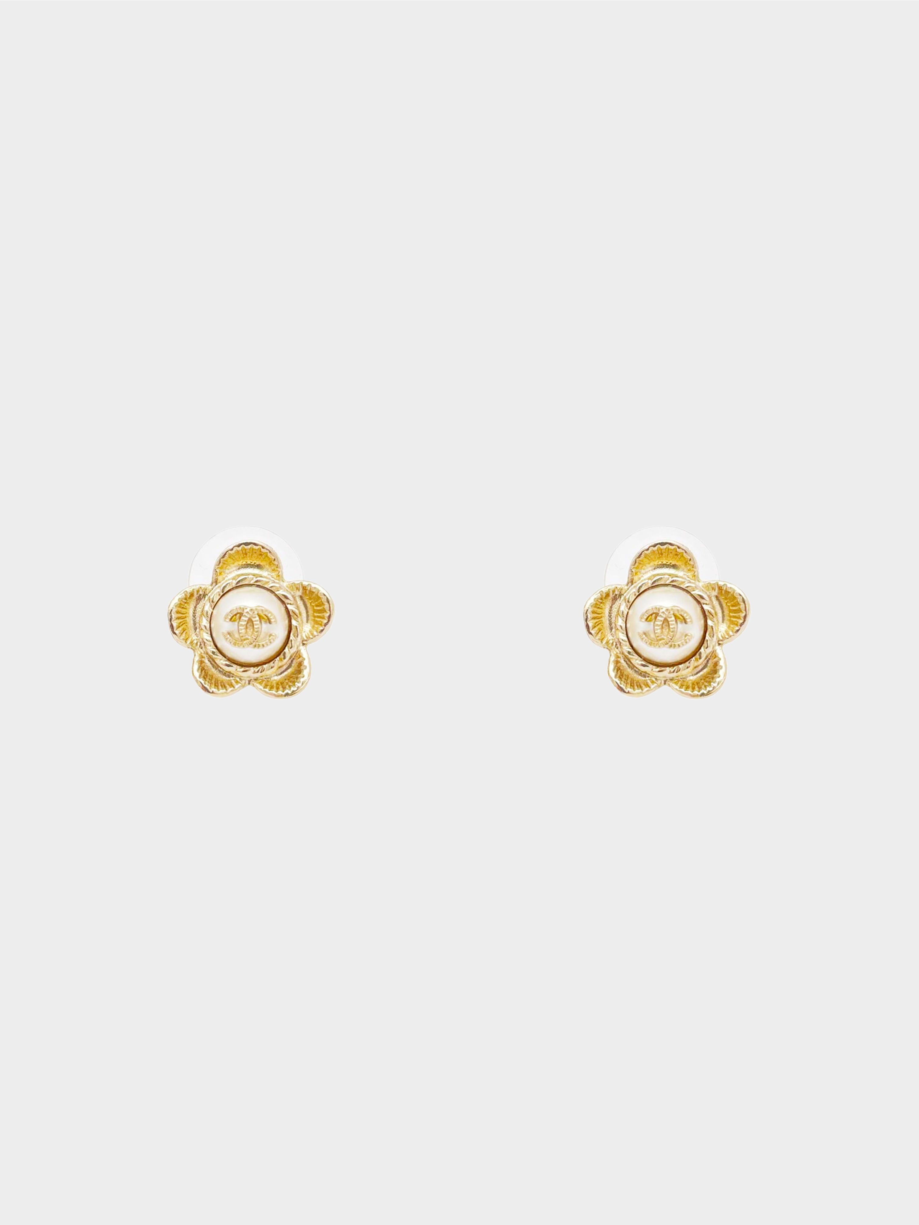 Chanel 2017 Champagne Gold Faux Pearl CC Flower Stud Earrings · INTO