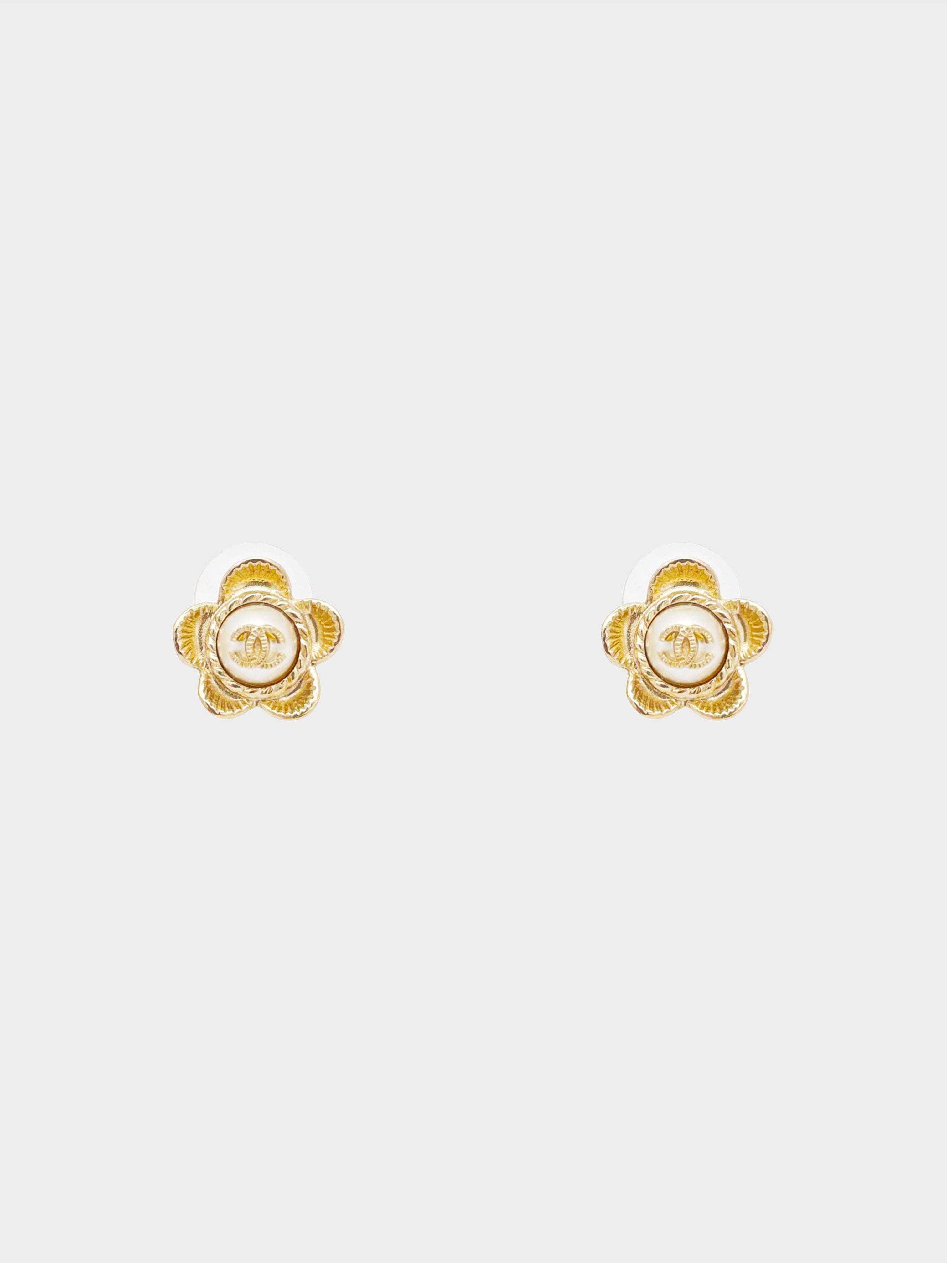 Chanel 2017 Champagne Gold Faux Pearl CC Flower Stud Earrings