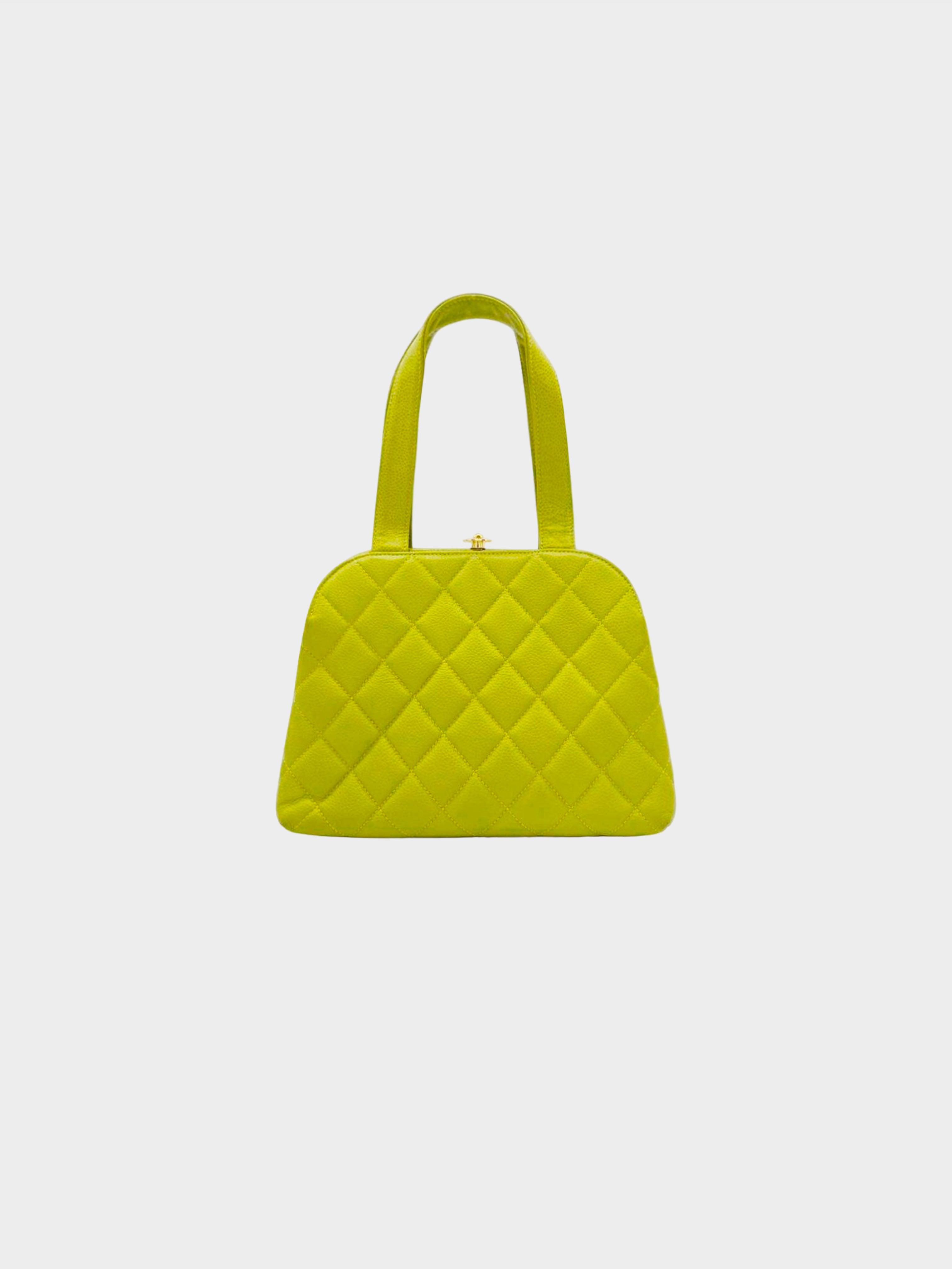 Chanel 1996-1997 Green Quilted Caviar Turn Lock Tote Bag