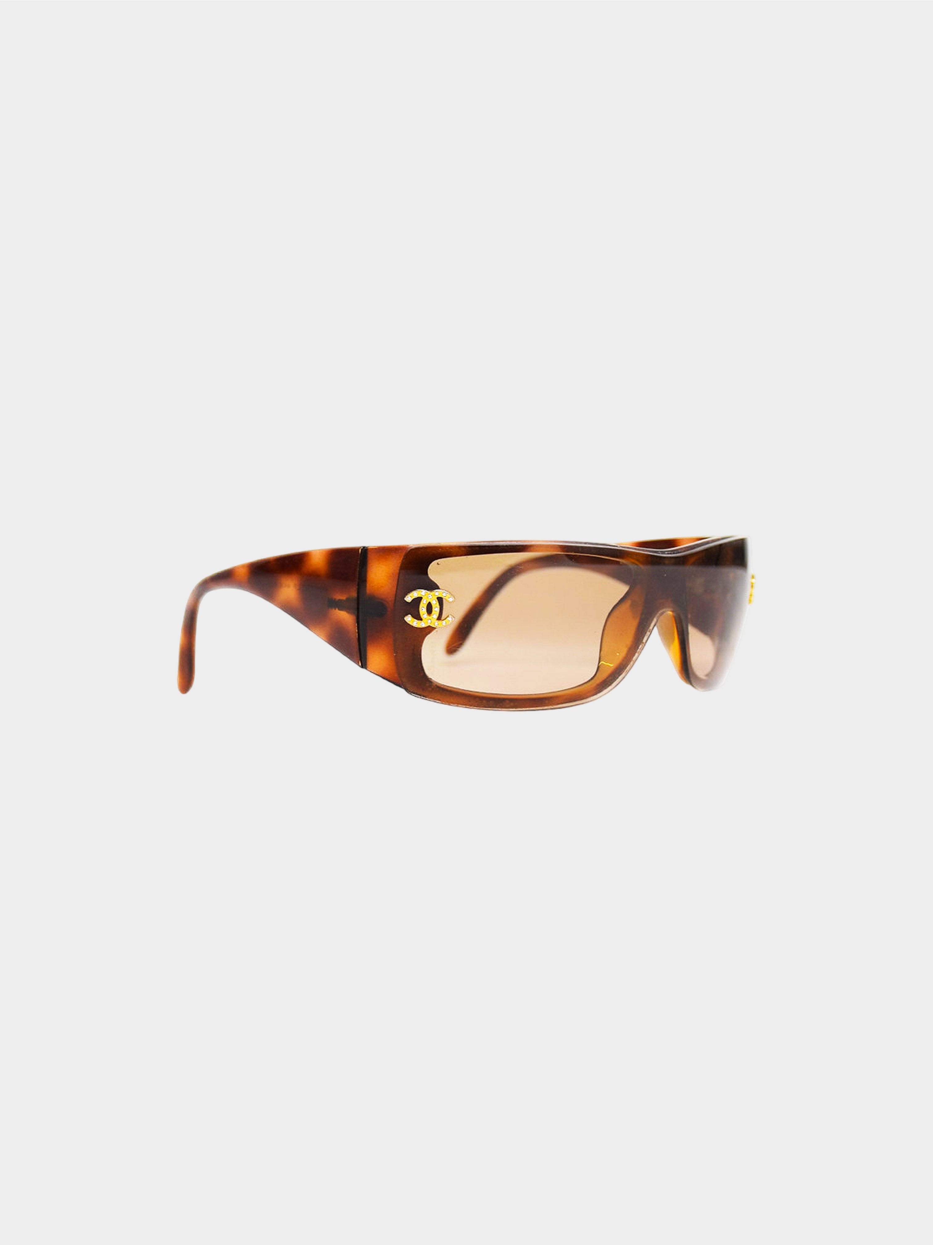 Chanel 2000s Brown Tortoise Sunglasses with Rhinestones Logo