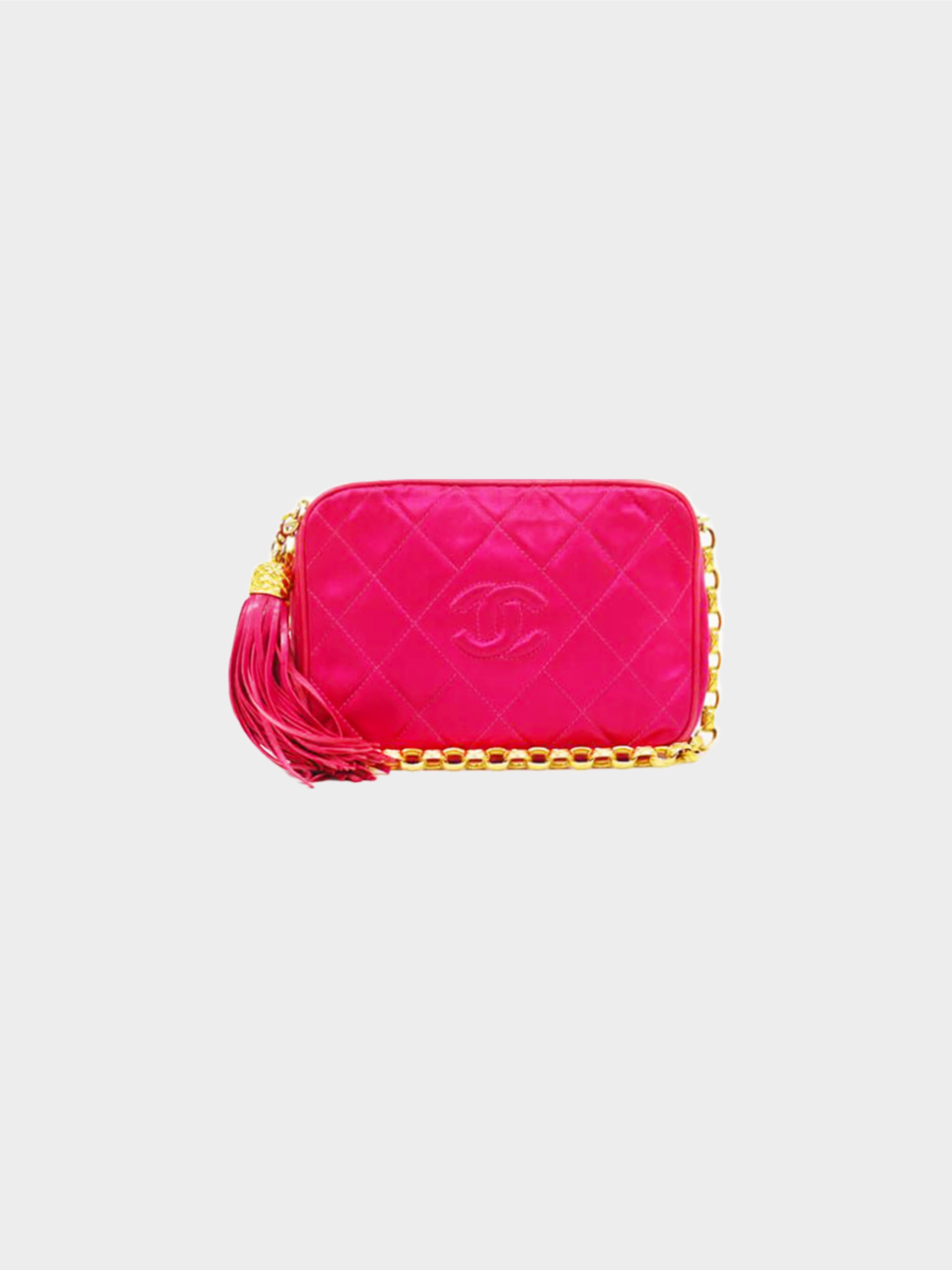 Chanel 1990-1991 Pink Satin Quilted Tassel Camera Bag · INTO