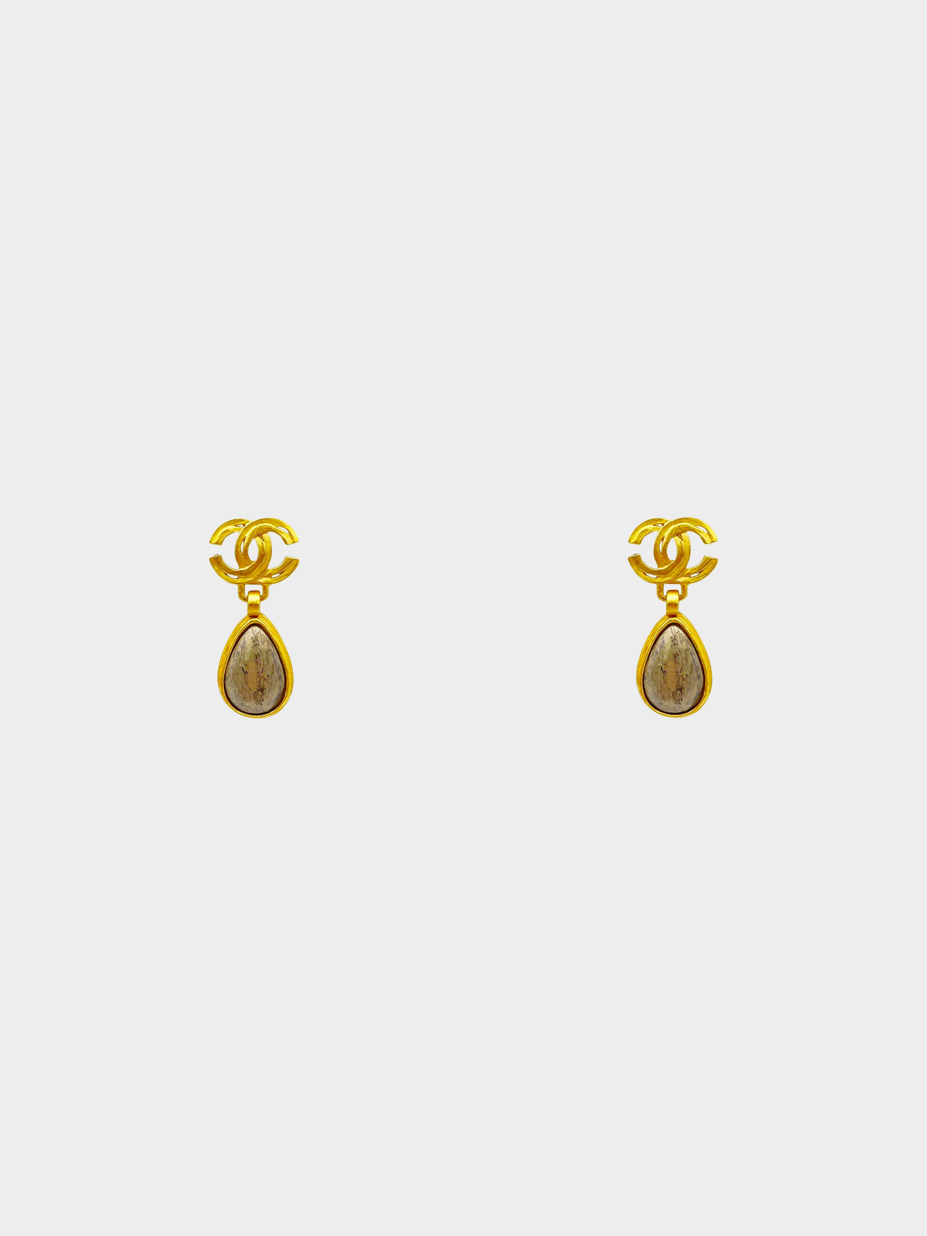 Chanel Fall 1997 Gold CC Stone Teardrop Clip-On Earrings