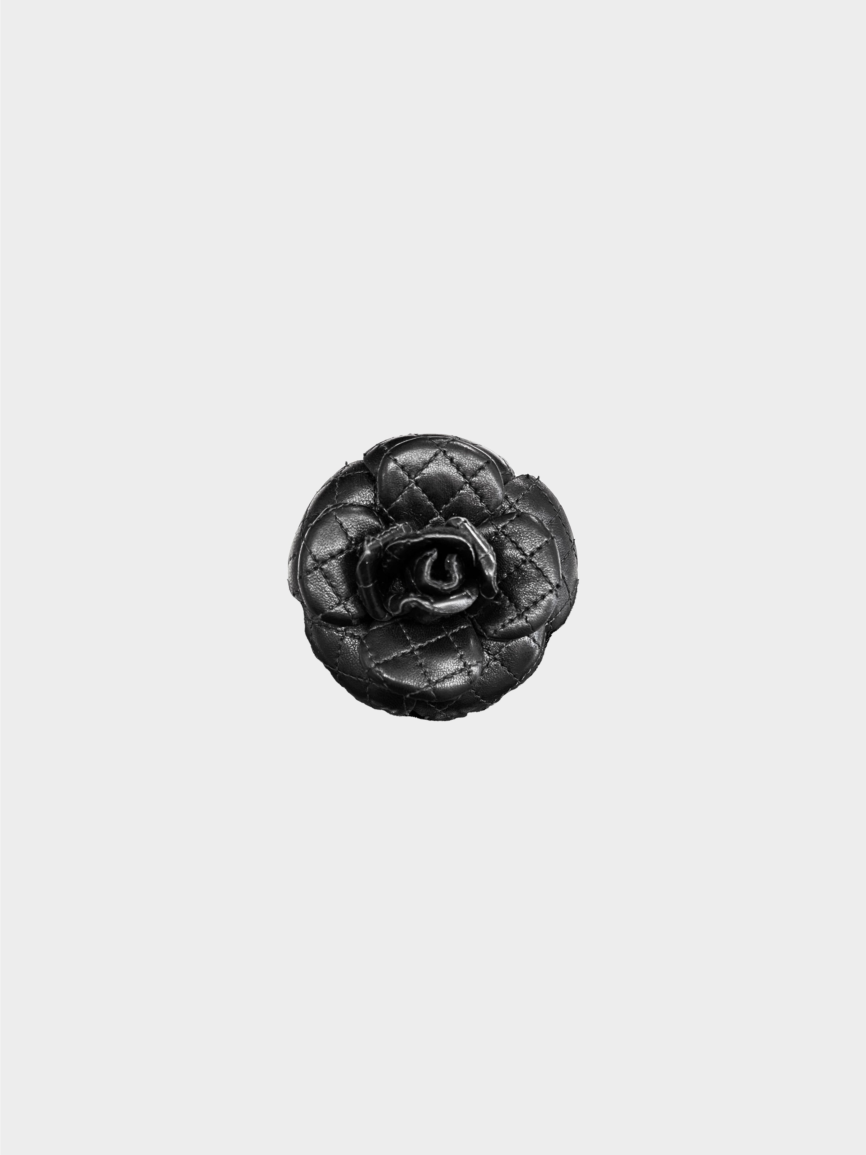 Chanel 2010s Black Quilted Leather Camellia Brooch