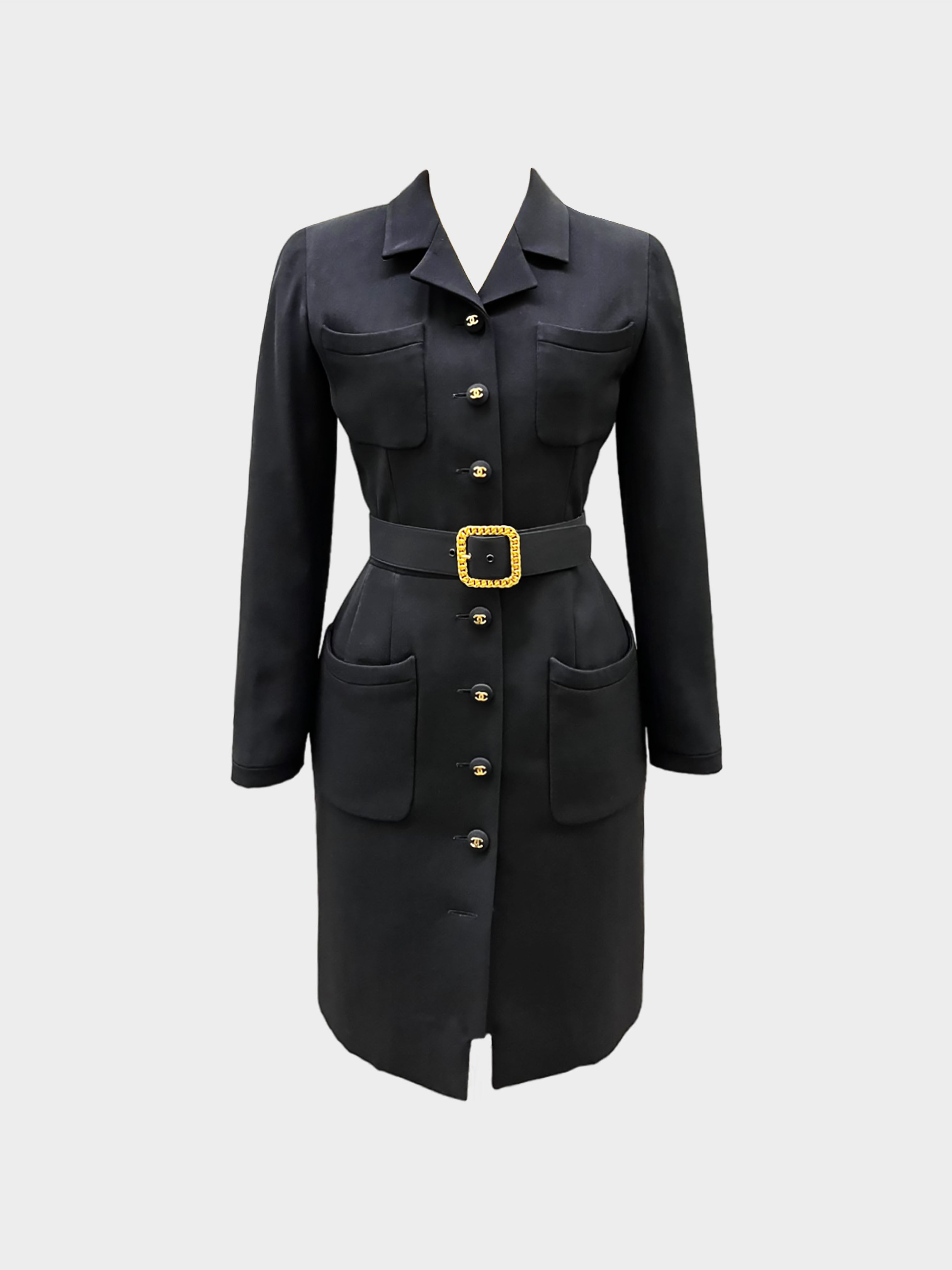 Chanel 1990s Black Wool Coat Dress with Belt