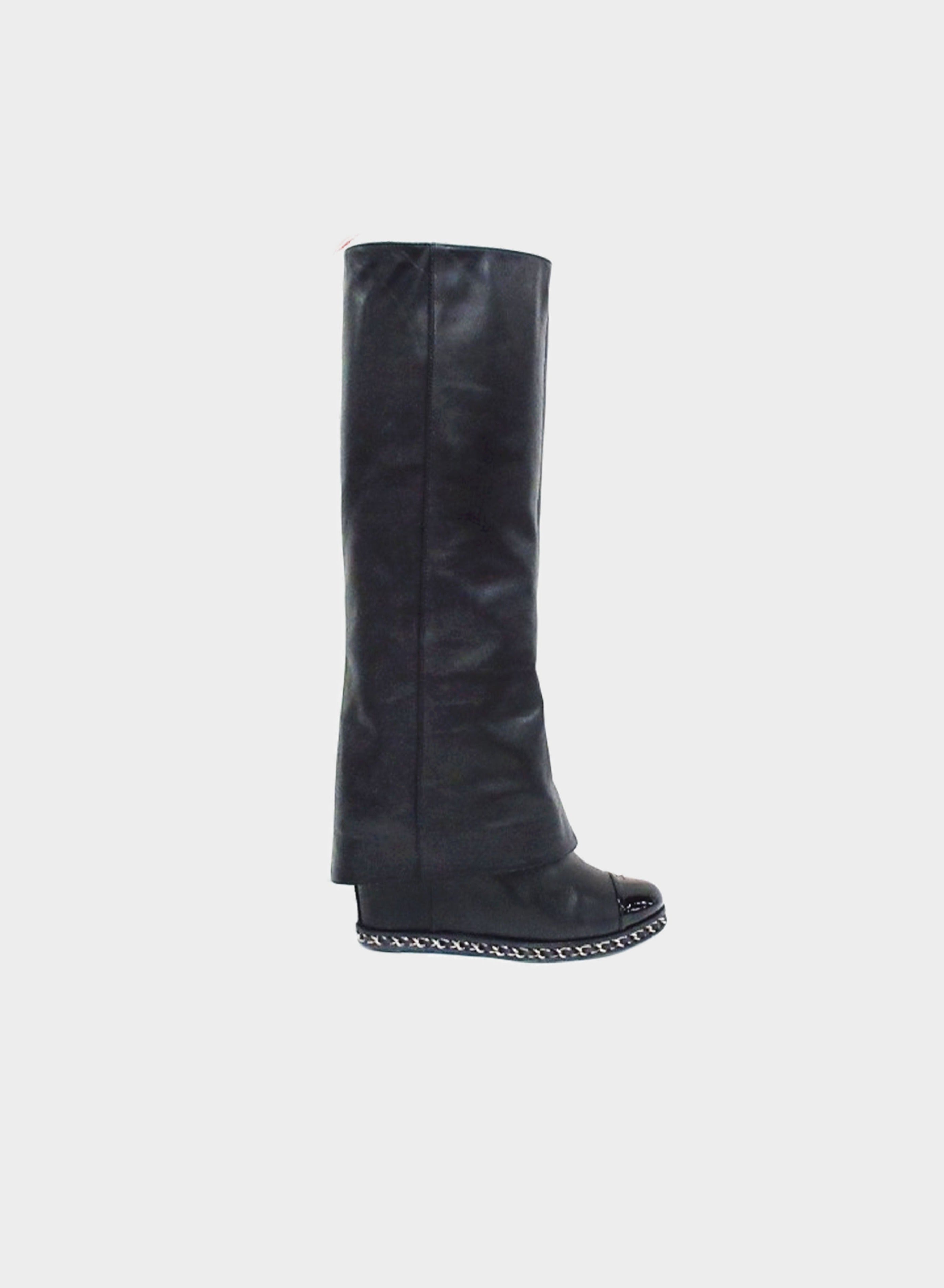Chanel 2010s Black Leather Fold-over Wedged Long Boots
