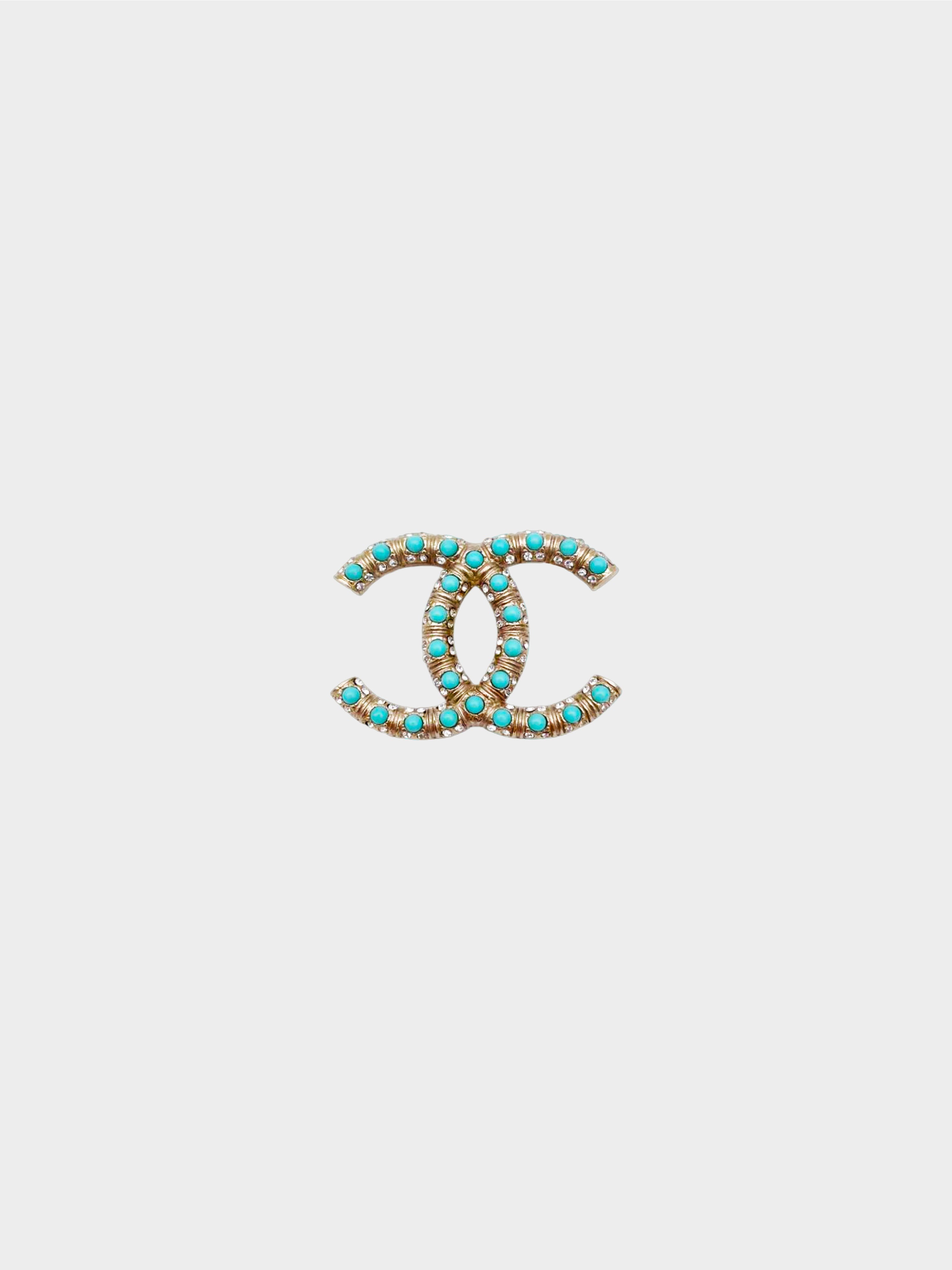 Chanel 2008 Champagne Gold CC Turquoise Studded Rhinestone Brooch